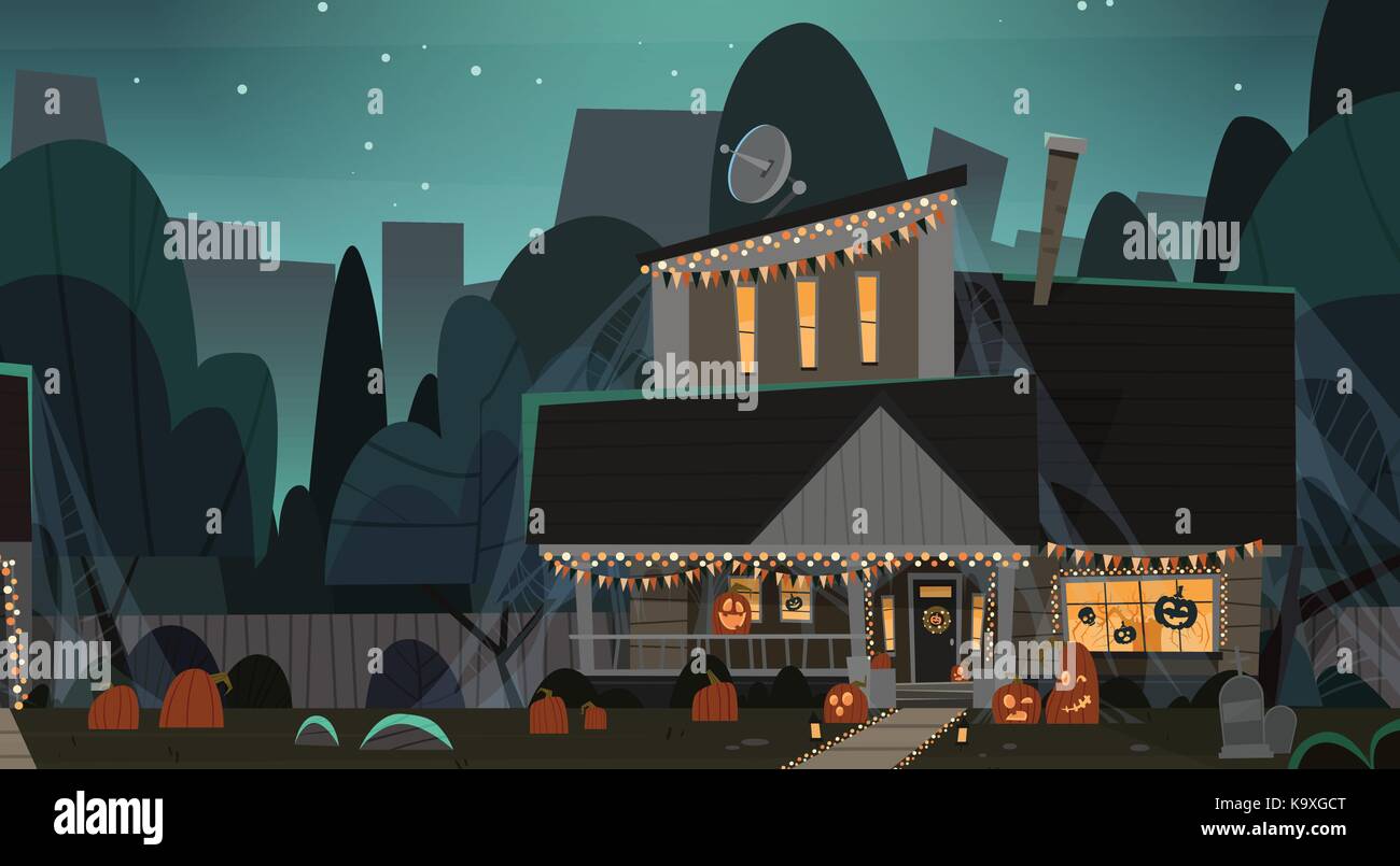 Maison décorée pour halloween home building Vue de face avec des citrouilles, des chauves-souris différentes fêtes concept Illustration de Vecteur