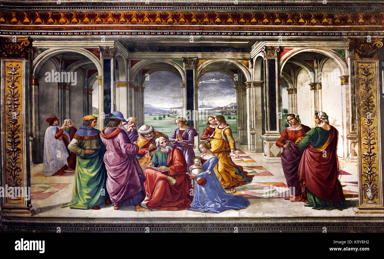 Chapelle Tornabuoni - Domenico Ghirlandaio Zacharie écrit le nom de John 1485 - 1490 Cappella Tornabuoni. Santa Maria Novella 1221 Eglise et Cloître de l'église dominicaine Principal Florence Italie ( les vitraux ont été conçus par Ghirlandaio (1449-1494), mais ils sont l'œuvre d'Alessandro Agolanti (1443-1516). Banque D'Images