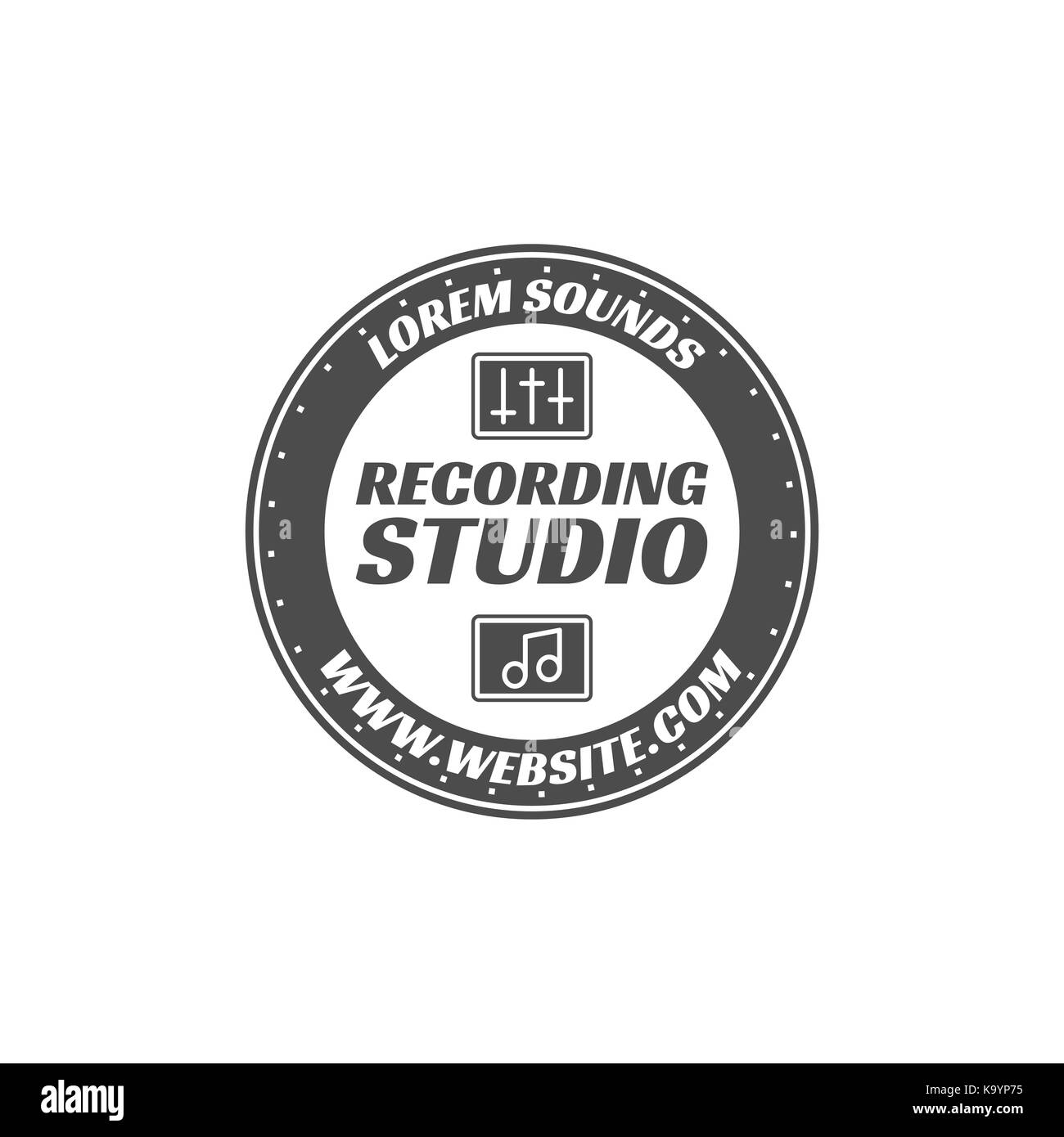 Studio d'enregistrement label vector, d'un insigne, emblème logo avec instrument de musique. stock vector illustration isolé sur fond blanc. design monochrome Illustration de Vecteur