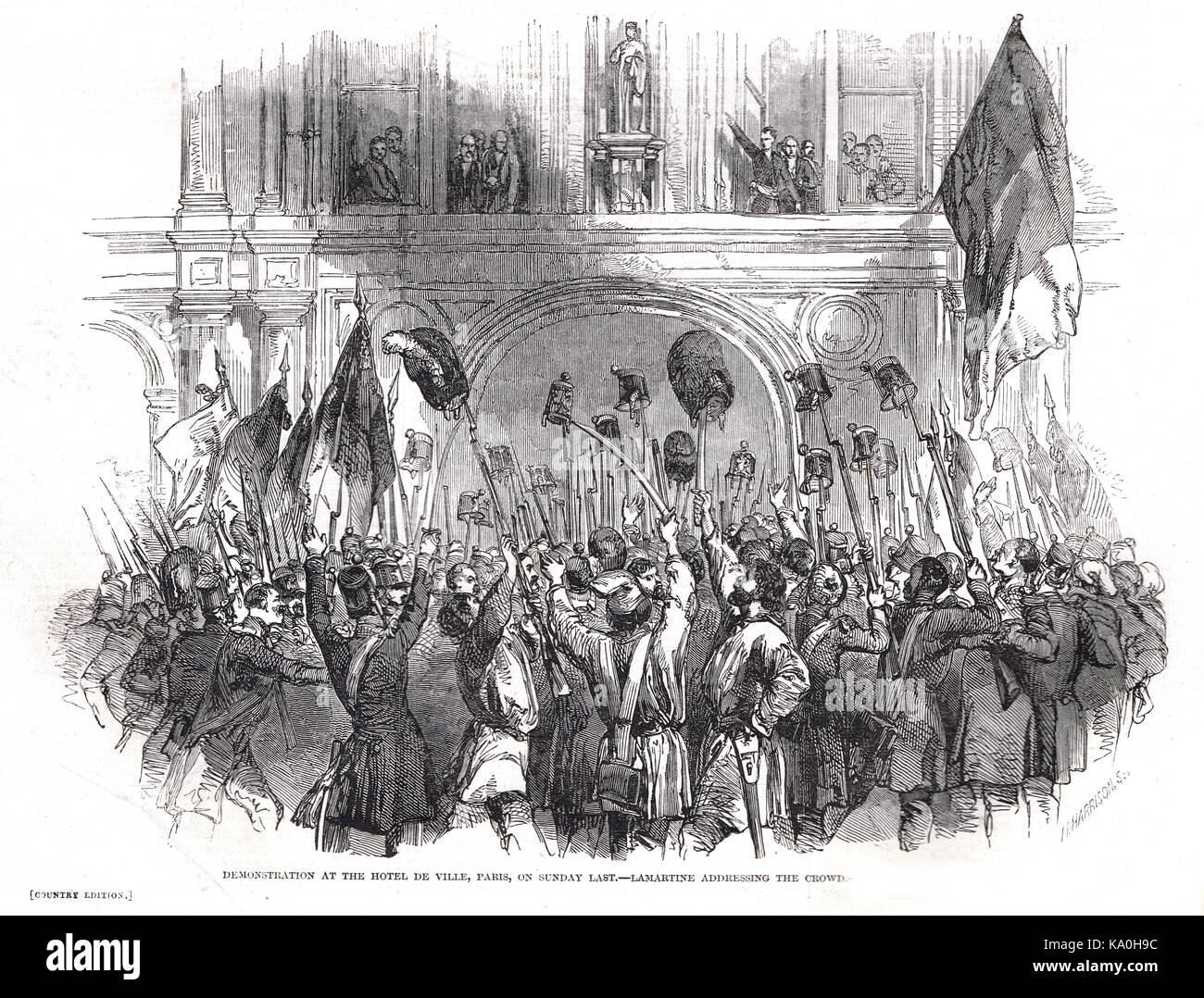 Lamartine s'adressant à la foule, démonstration à l'Hôtel de Ville, Paris, France, révolution française de 1848 Banque D'Images