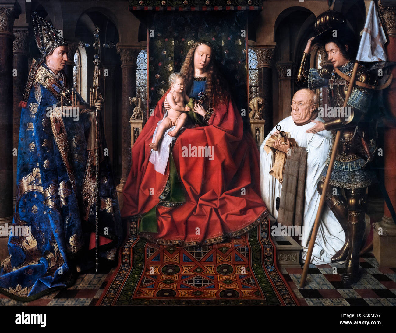 Madonna avec Canon Joris van der Paele par Jan Van Eyck (c.1390-1441), huile sur panneau, 1436. Van Eyck est l'un des premiers artiste Russisch et son travail est considéré comme Primitif Flamand. Banque D'Images