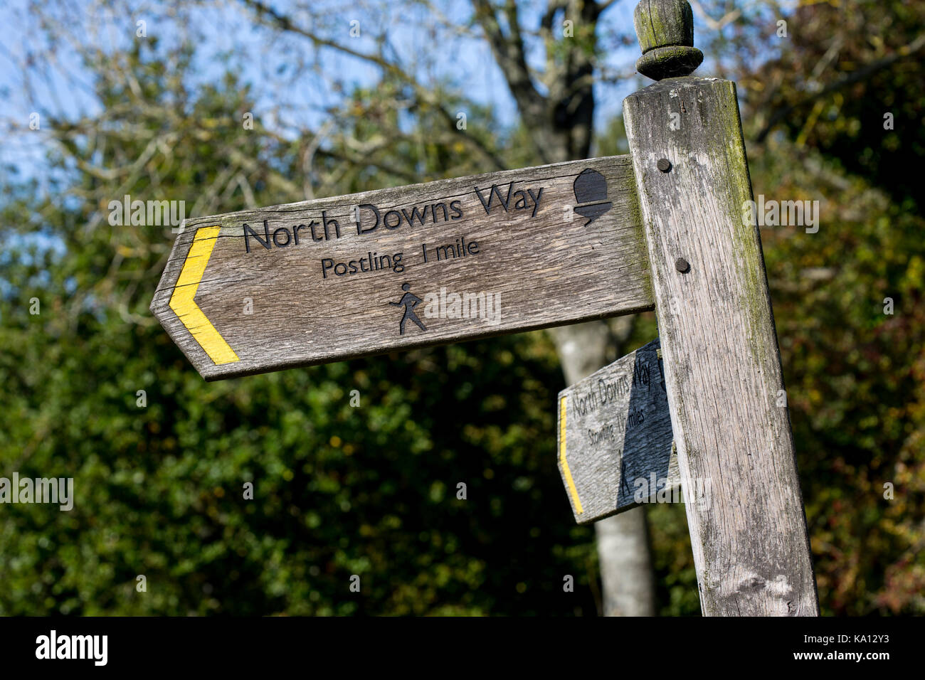 Panneau en bois pour les North Downs Way, Kent Banque D'Images