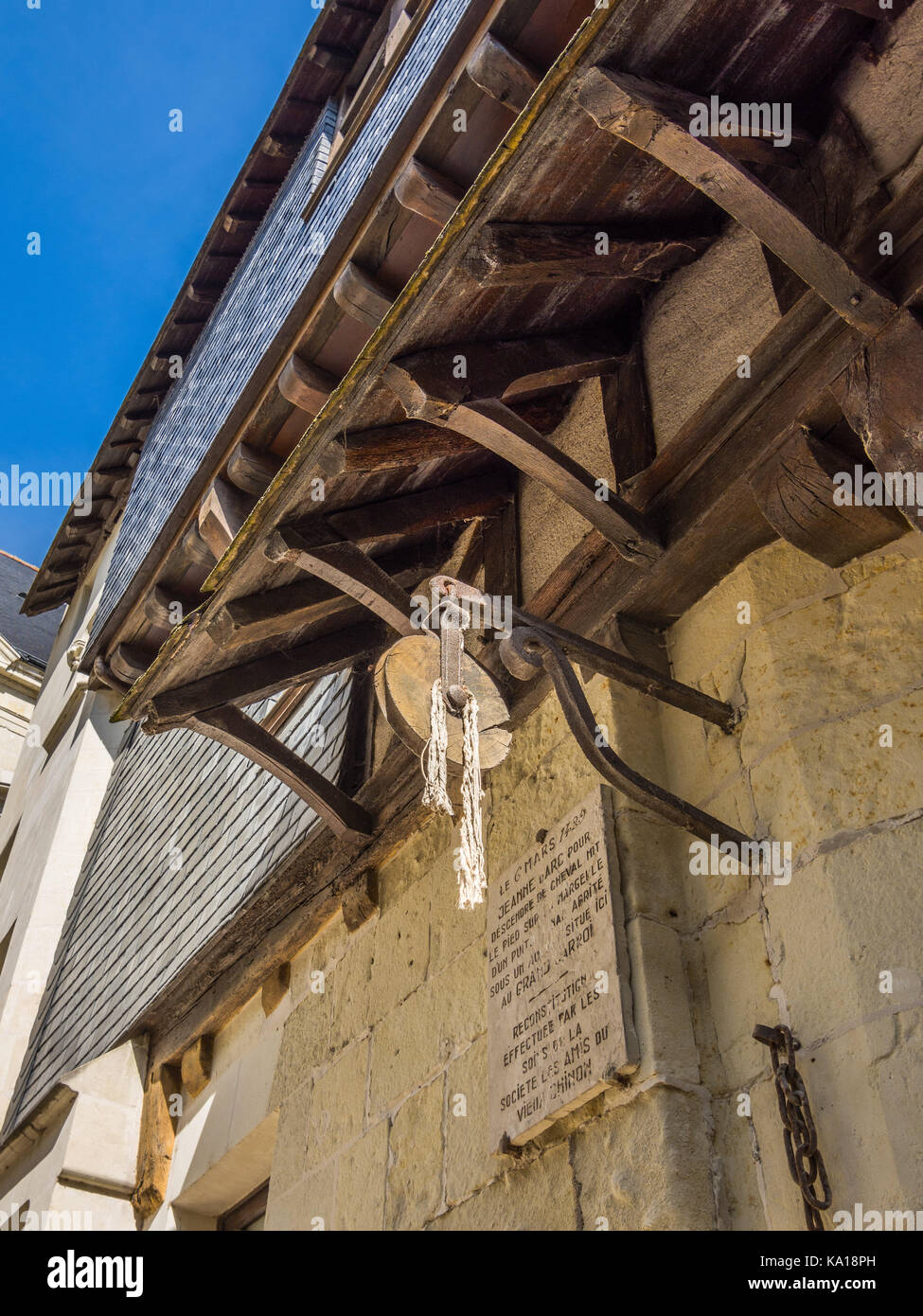 Site original de levage utilisé pour soulever Jeanne d'arc de son cheval, Chinon, France. Banque D'Images