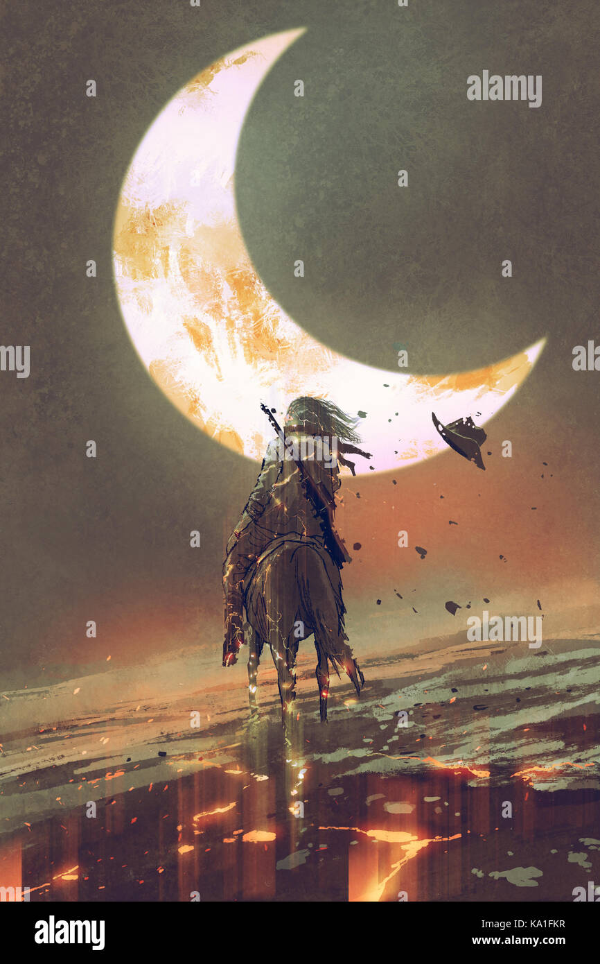 Man riding horse en éclats sous la lune, style art numérique, illustration peinture Banque D'Images