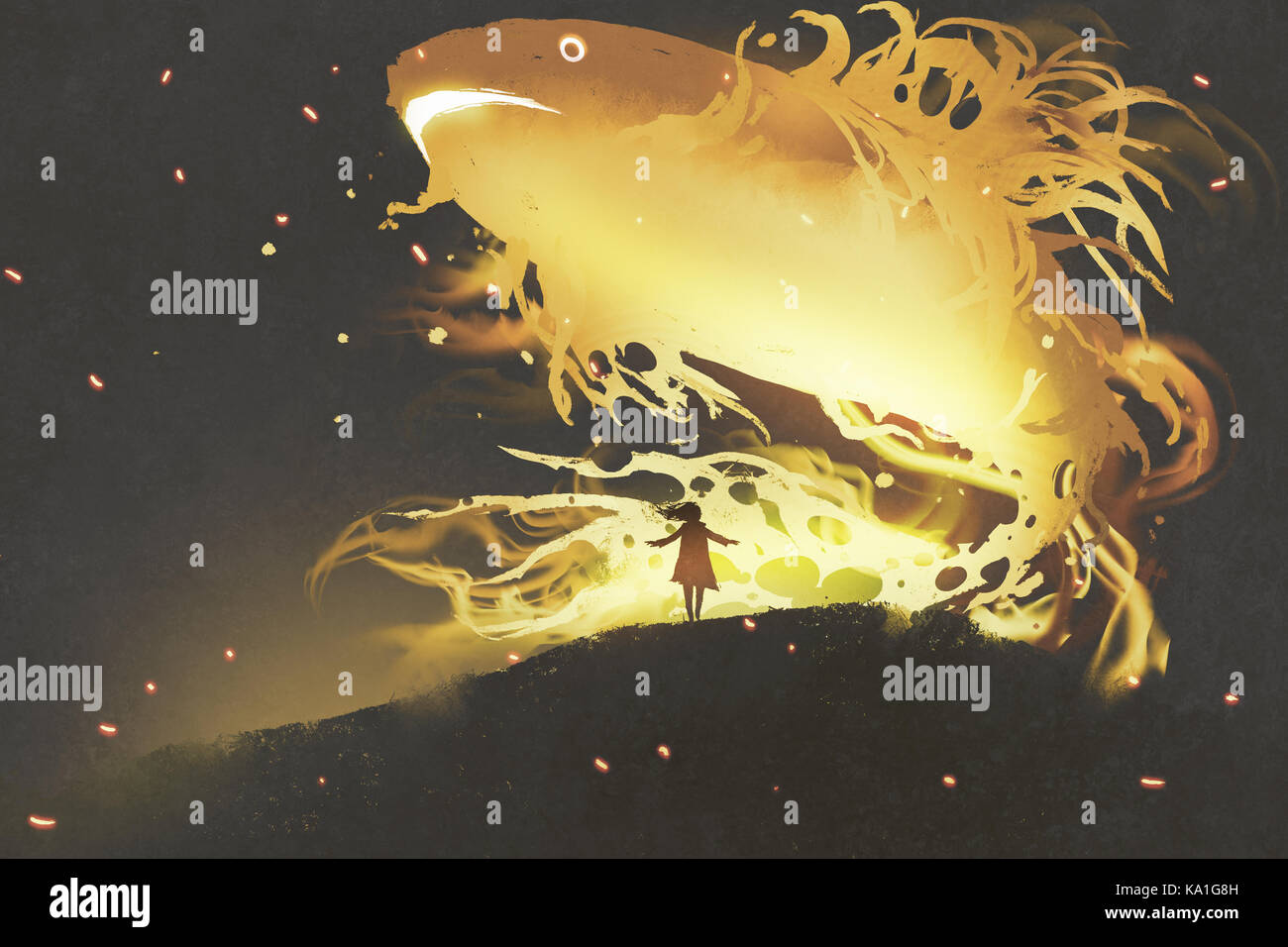 Poisson géant flottant dans le ciel nocturne au-dessus de petite fille, style art numérique, illustration peinture Banque D'Images