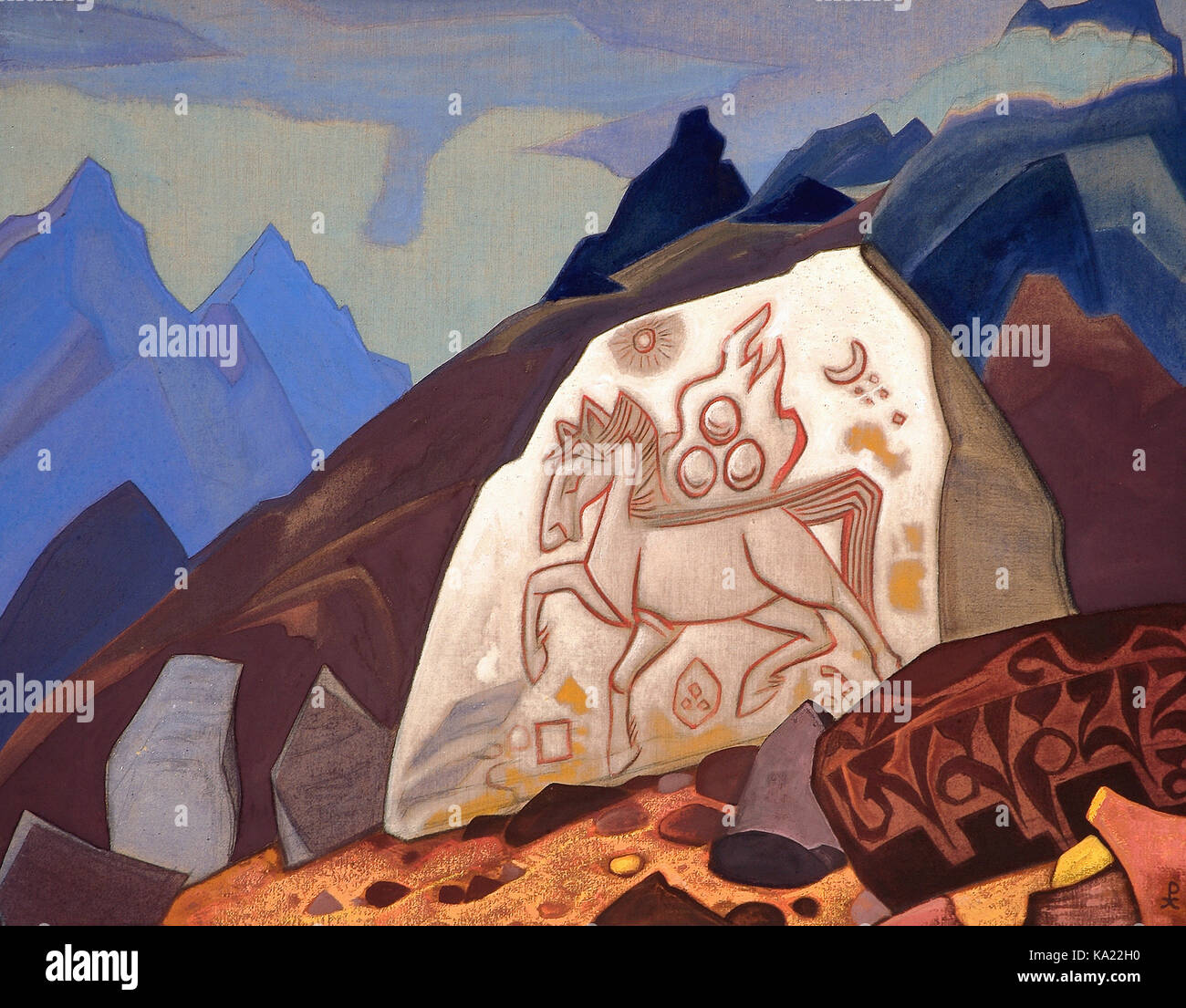 Nicolas Roerich - pierre blanche signe de bonheur de Chintamani ou à cheval 1933 Banque D'Images