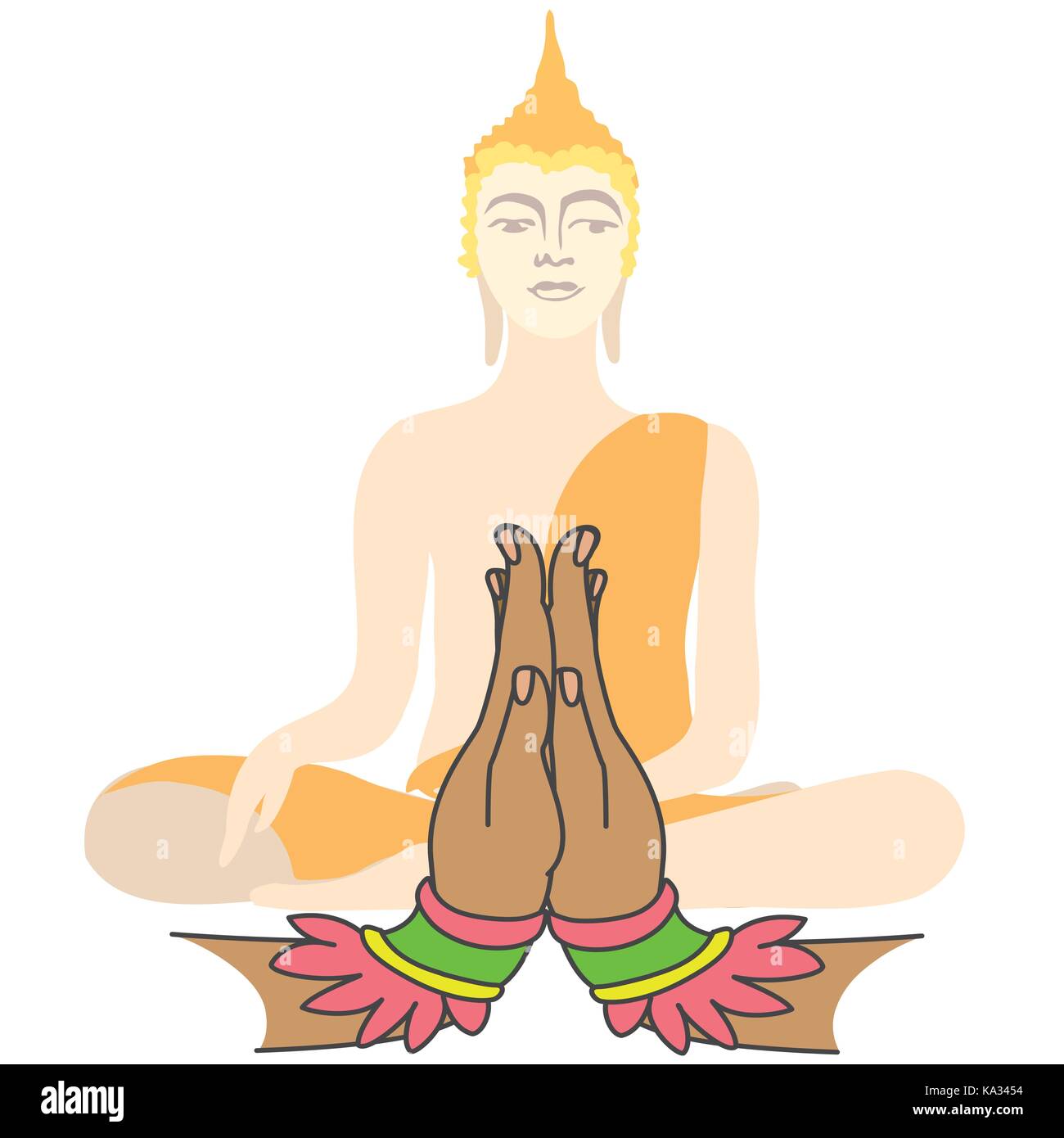 Bouddha et deux mains en prière, vector illustration Illustration de Vecteur