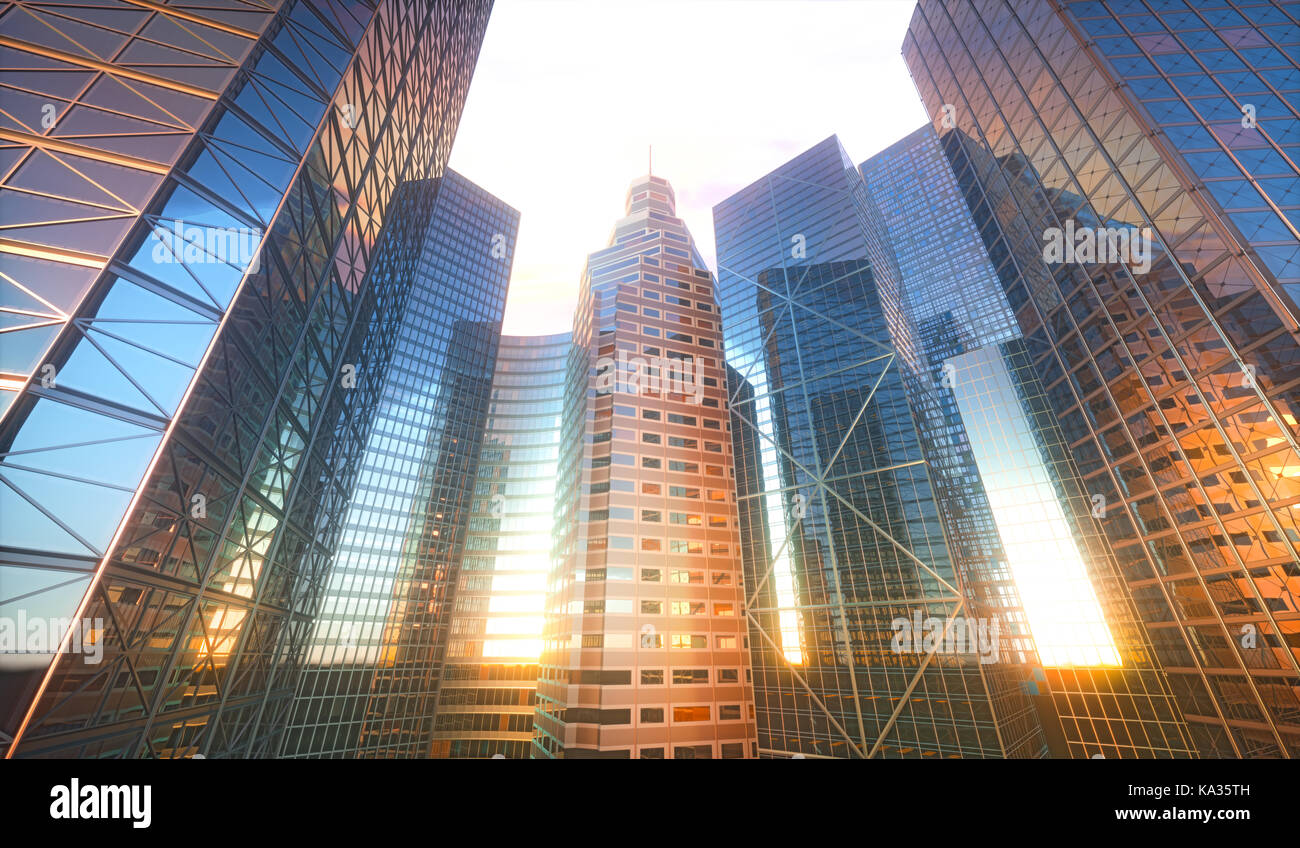 3d architecture conceptuelle avec la réflexion du soleil dans les vitres des bâtiments. Banque D'Images 3d architecture conceptuelle avec la réflexion du soleil dans les vitres des bâtiments. Banque D'Images