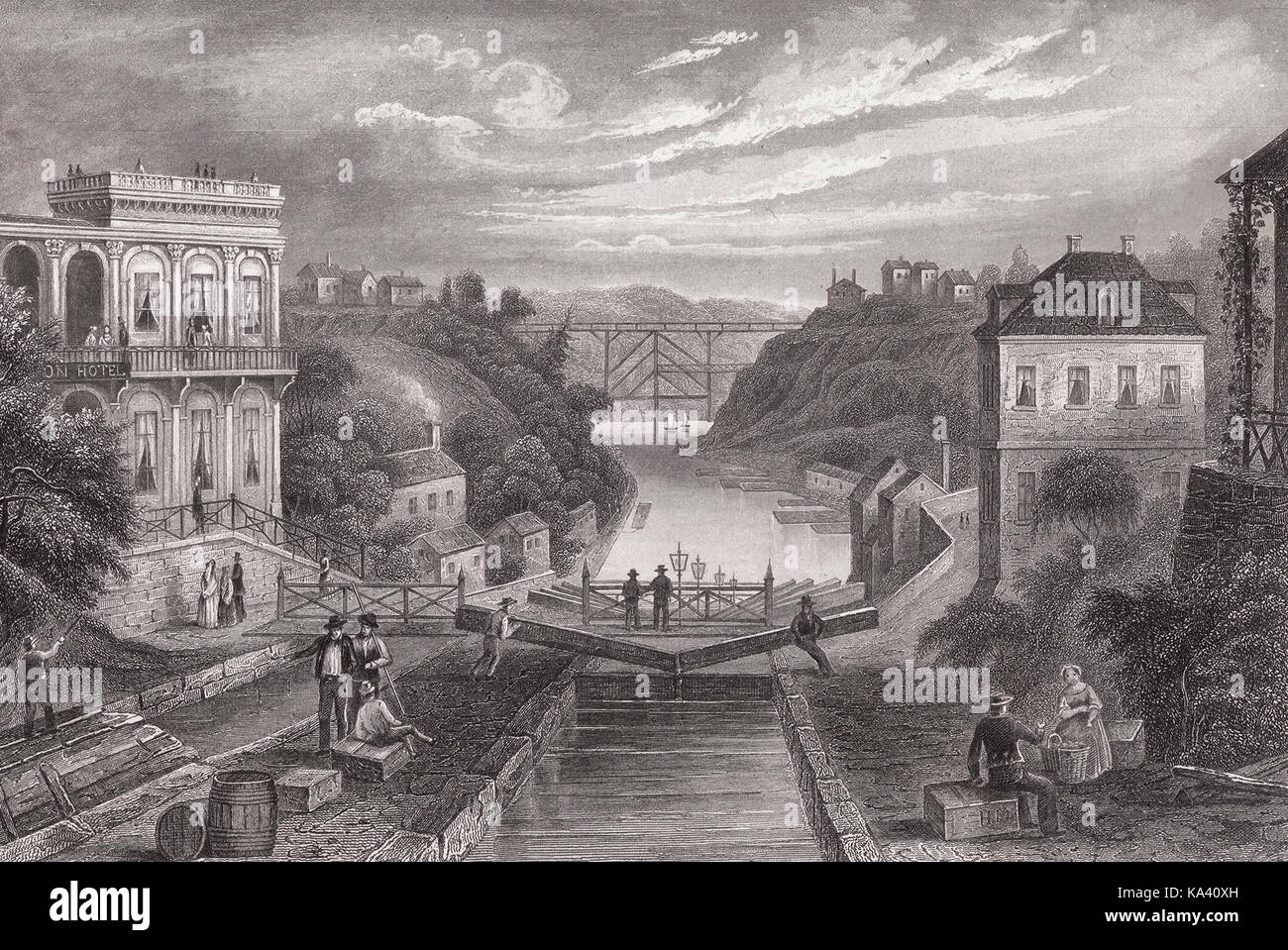 Lithographie du Canal Érié, à Lockport, New York c.1855 Banque D'Images