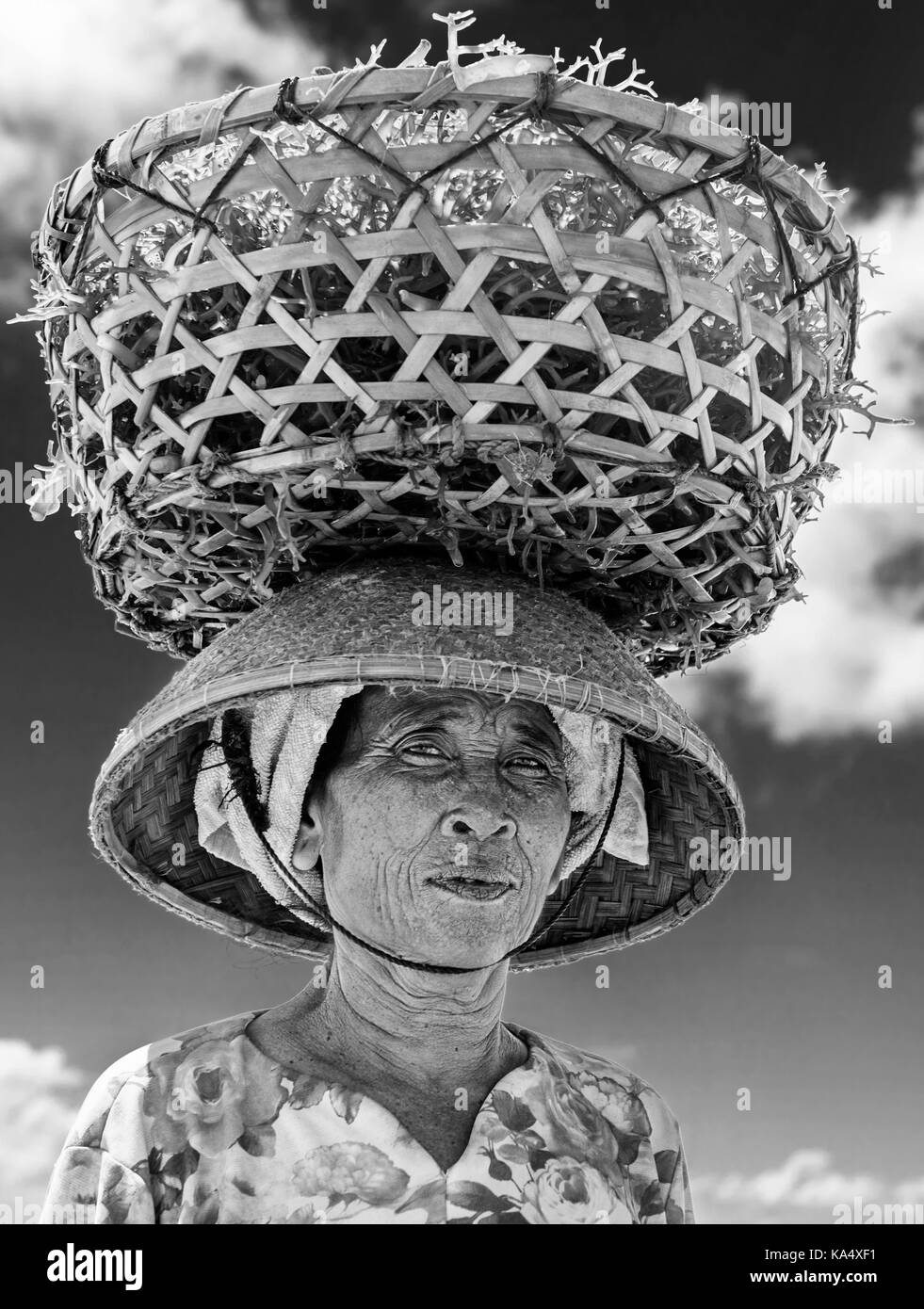 Des algues riziculteur au travail dans de mauvaises herbes de mer ferme à Nusa Penida, Indonésie Banque D'Images