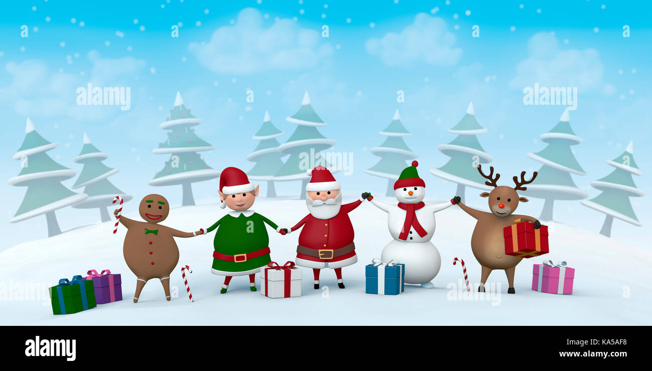 Le père Noël, un lutin de Noël, un renne, un bonhomme et gingerbread man holding hands dans un paysage d'hiver enneigé. Banque D'Images