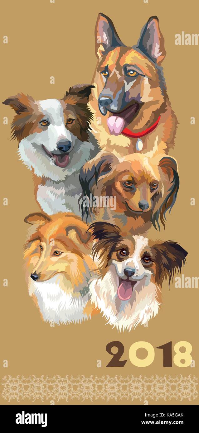 Carte postale verticale avec des chiens de races différentes (berger allemand, sheltie ; toy terrier ; papillon ; border collie) sur fond beige. 2018 année de chien Illustration de Vecteur