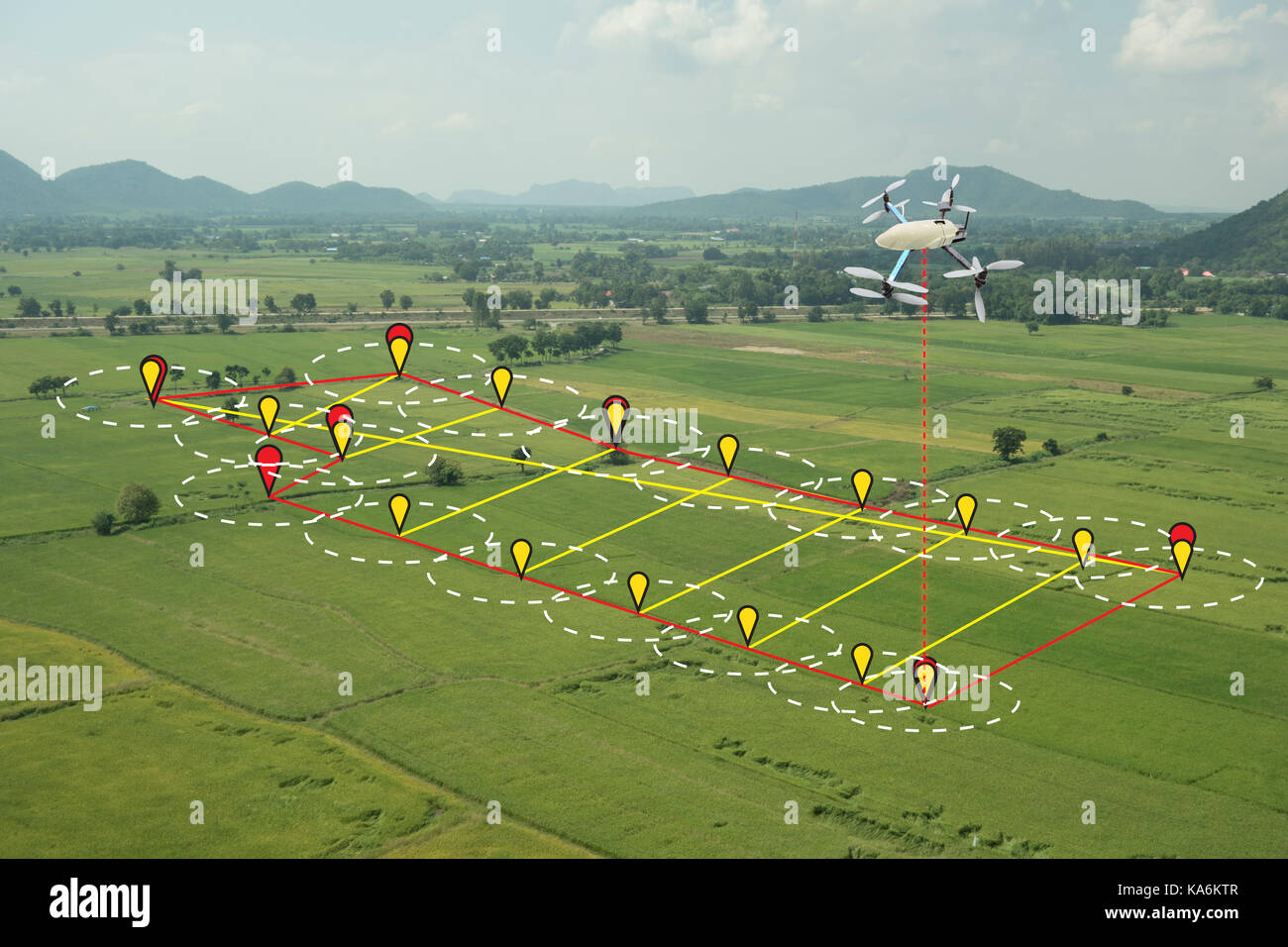Concept d'agriculture intelligente, drone utilisent une technologie en agriculture avec l'intelligence artificielle pour mesurer la surface, photographe, et voyager à suivre la ligne a Banque D'Images