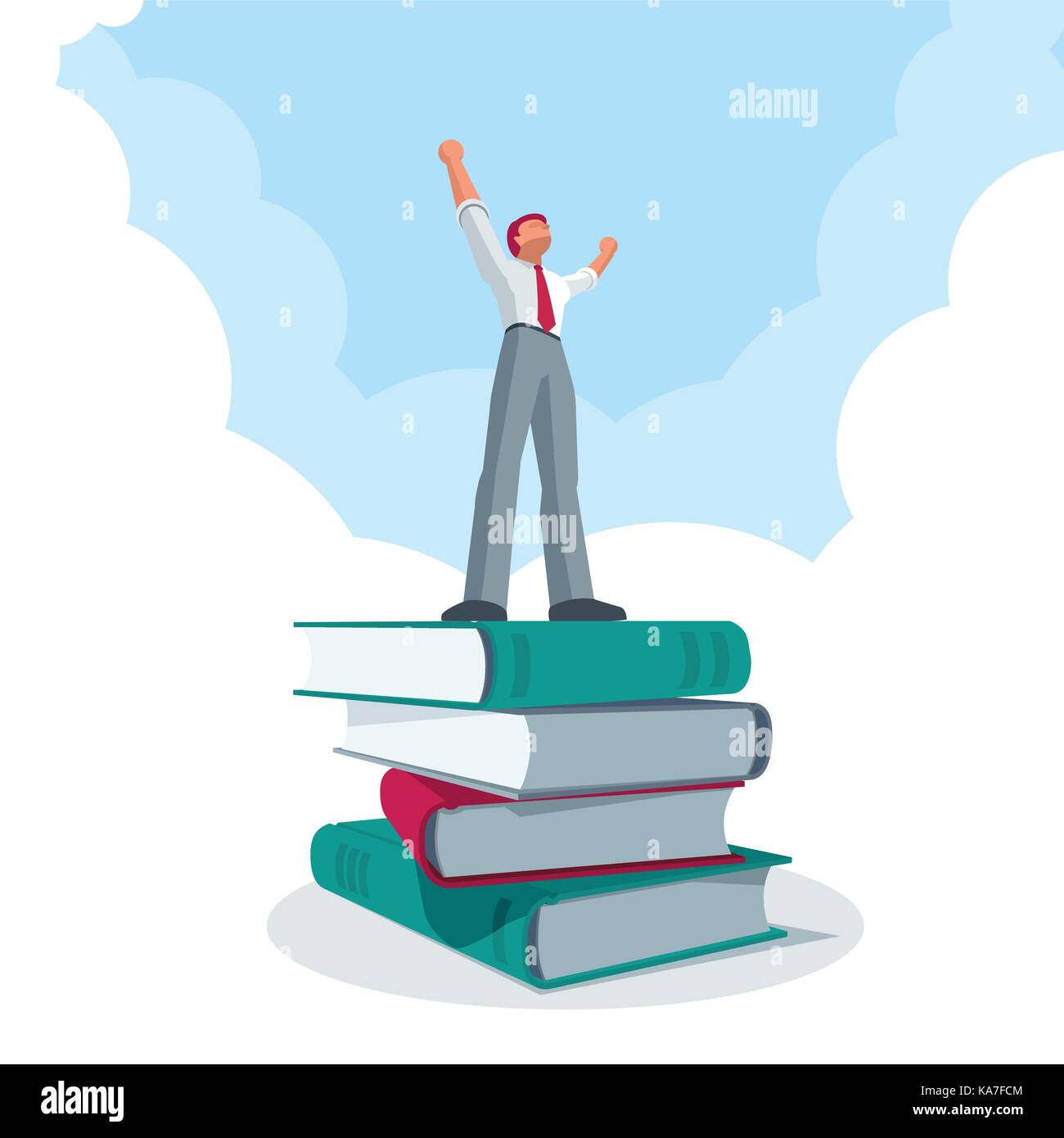 Successful businessman standing on big book pile et célébrer sa victoire. vector illustration concept. Illustration de Vecteur