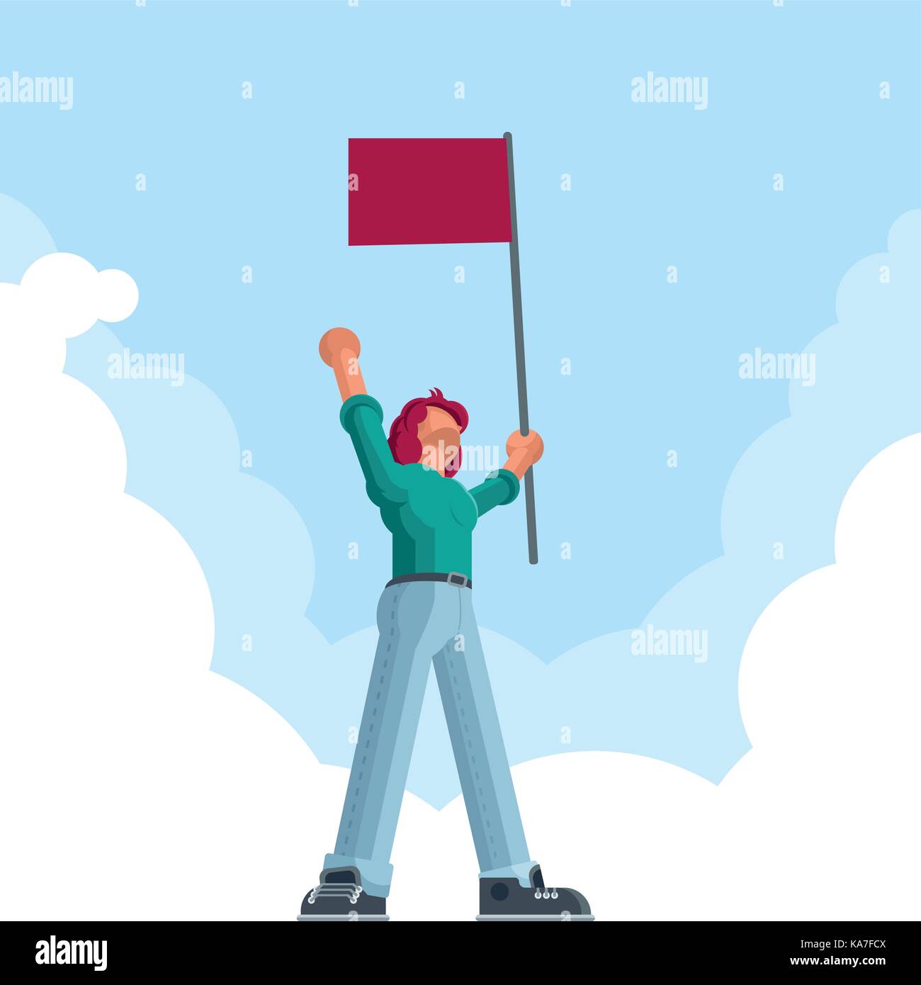 Grand homme debout et tenant un drapeau rouge et célébrer sa victoire. vector illustration concept. Illustration de Vecteur