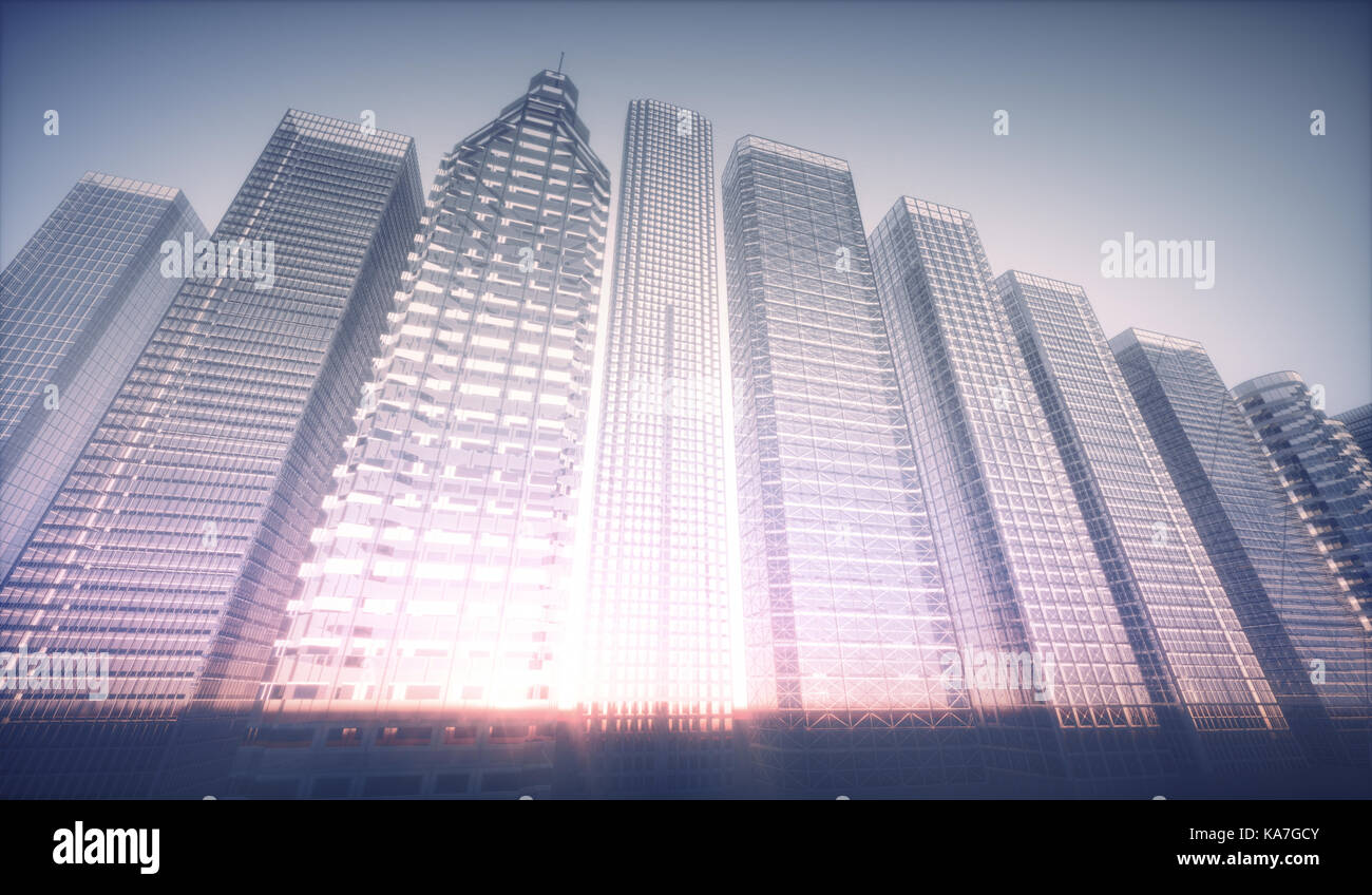 Illustration 3D futuriste. conceptual image. structures de bâtiments en verre avec le coucher du soleil dans l'arrière-plan. Banque D'Images Illustration 3D futuriste. conceptual image. structures de bâtiments en verre avec le coucher du soleil dans l'arrière-plan. Banque D'Images
