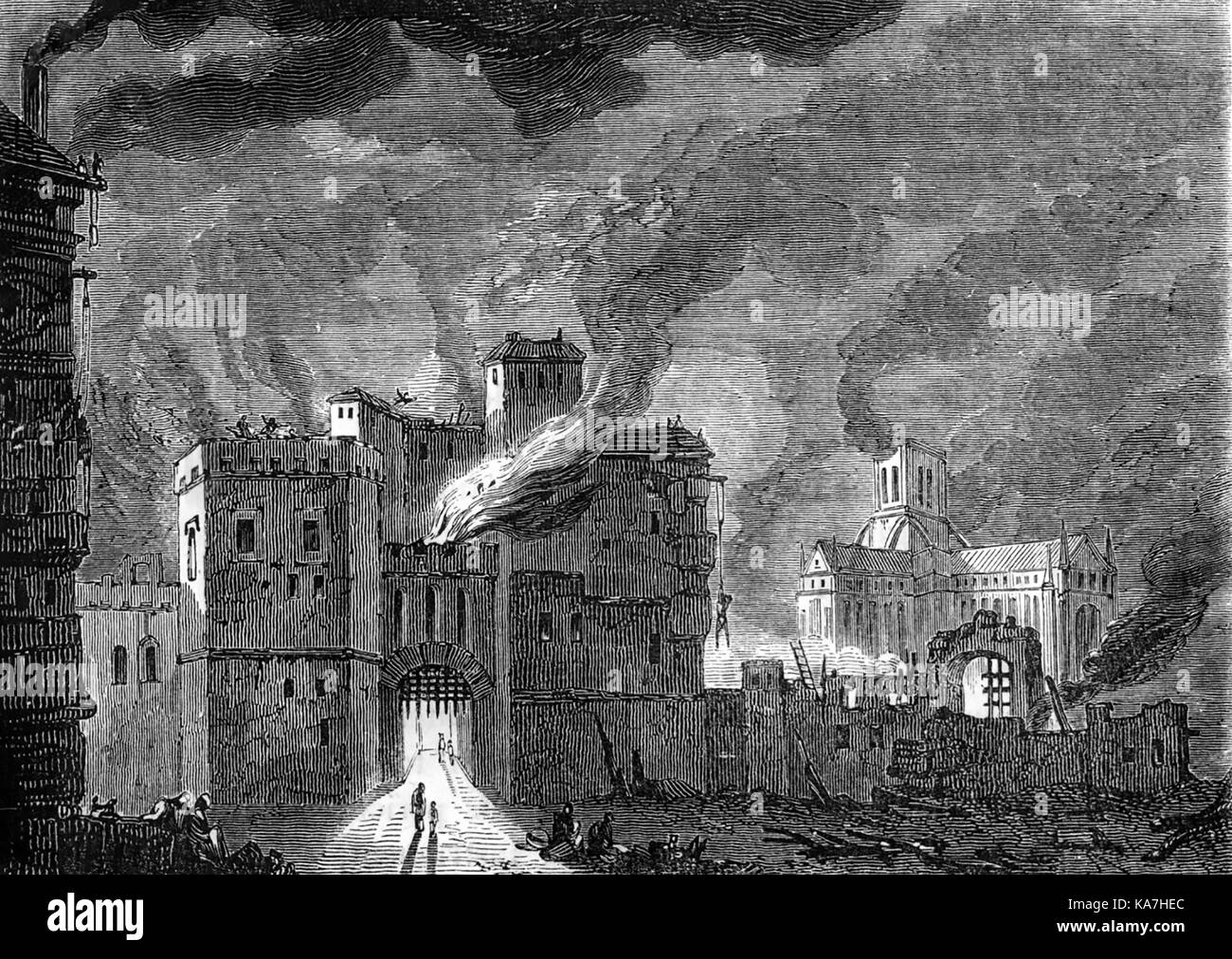 LA PRISON de Newgate, Londres, détruite par le Grand incendie de Londres en 1666 Banque D'Images