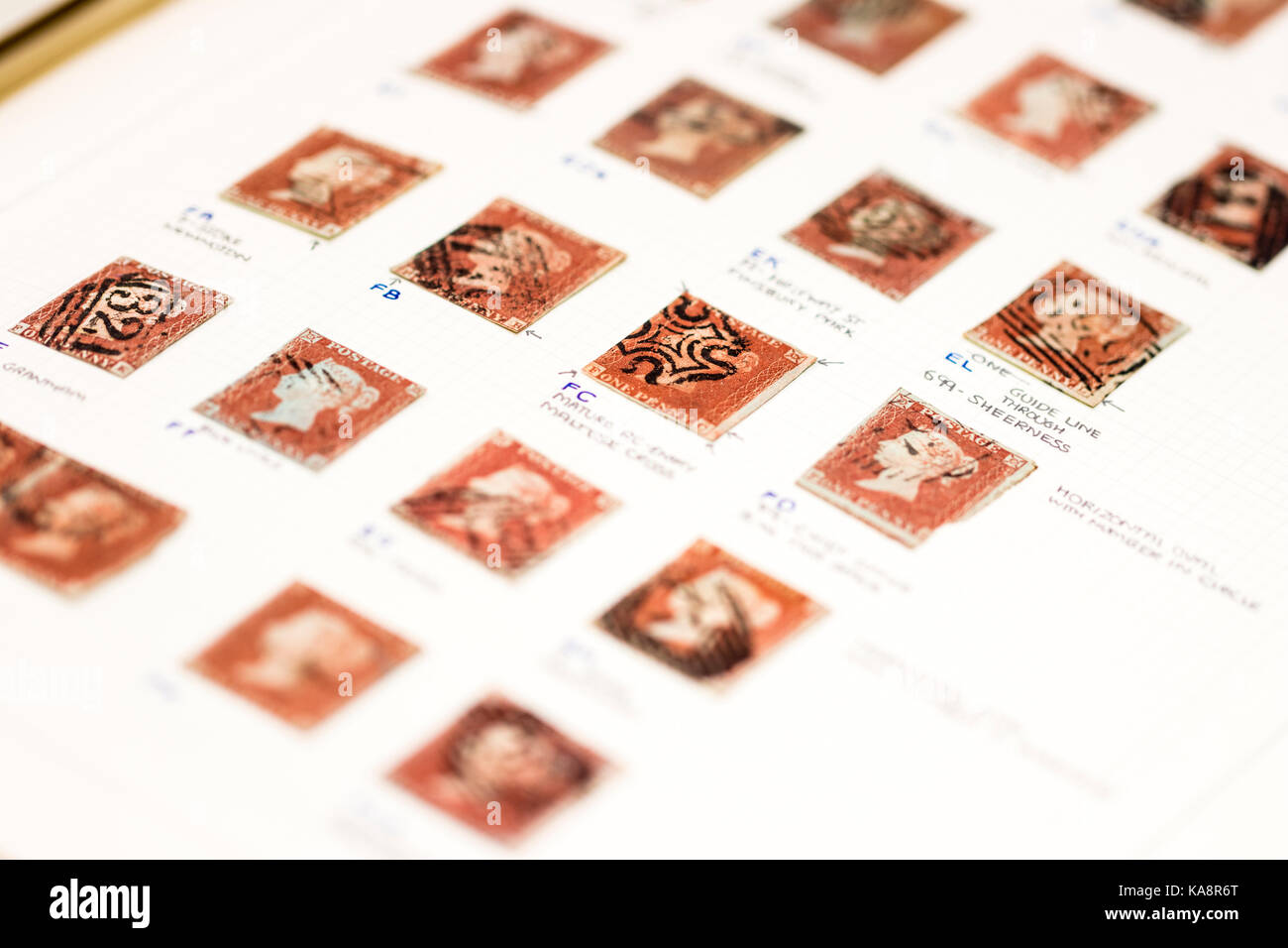 L'Angleterre. Victoria Penny red stamps avec annotations en album de timbres. La philatélie hobby. La philatélie. Banque D'Images