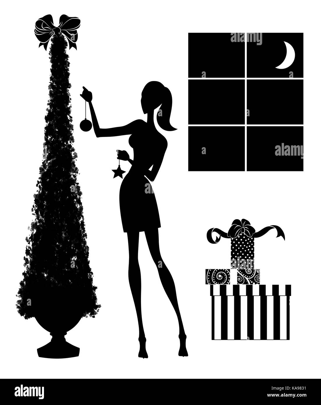 L'illustration de mode d'une jeune femme élégante décoration d'un arbre de Noël avec un tas de cadeaux à proximité Banque D'Images