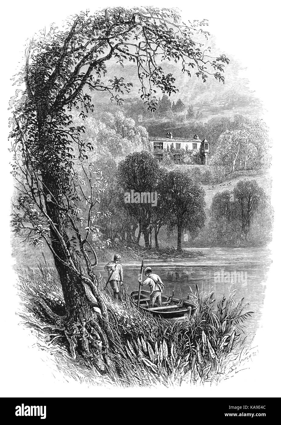 1870 : bateliers à Coniston Water, avec Brantwood, la maison de John Ruskin, le critique d'art anglais de l'ère victorienne, ainsi qu'un patron d'art, dessinateur, aquarelliste, un éminent penseur social et philanthrope. Le Lake District, Cumbria, Angleterre Banque D'Images