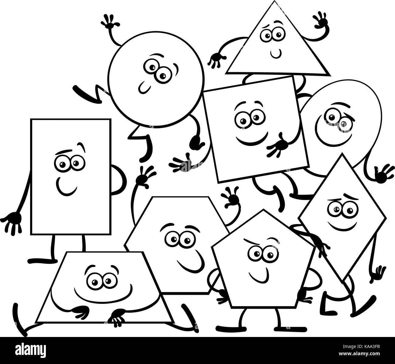 Cartoon noir et blanc illustration de formes géométriques de base personnages loufoques Coloring Book Illustration de Vecteur