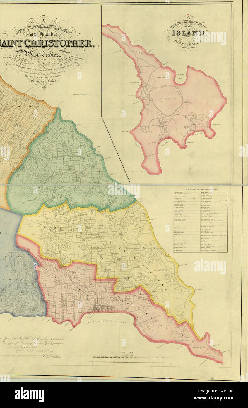 Saint Christopher topo map par William McMahon 1828 East Banque D'Images