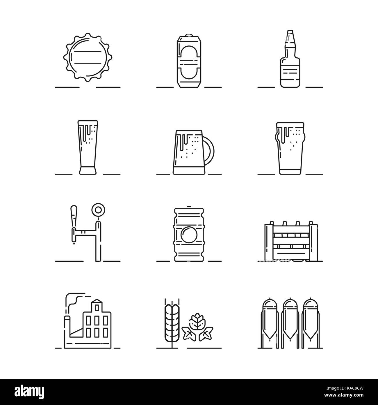 Illustrations vectorielles ensemble de la brasserie les attributs tels que le bouchon de la bouteille, peut, le flacon en verre, des tasses et des pintes, projet de système, baril, fort, bâtiment de la brasserie Illustration de Vecteur