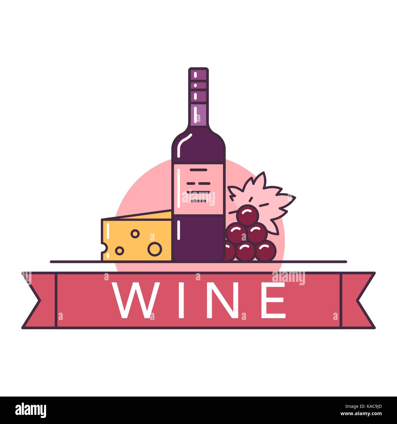 Vector illustration de la bouteille de vin rouge avec le fromage et raisins sur fond blanc avec lettrage. Alcool et boissons alcoolisées thème. Illustration de Vecteur