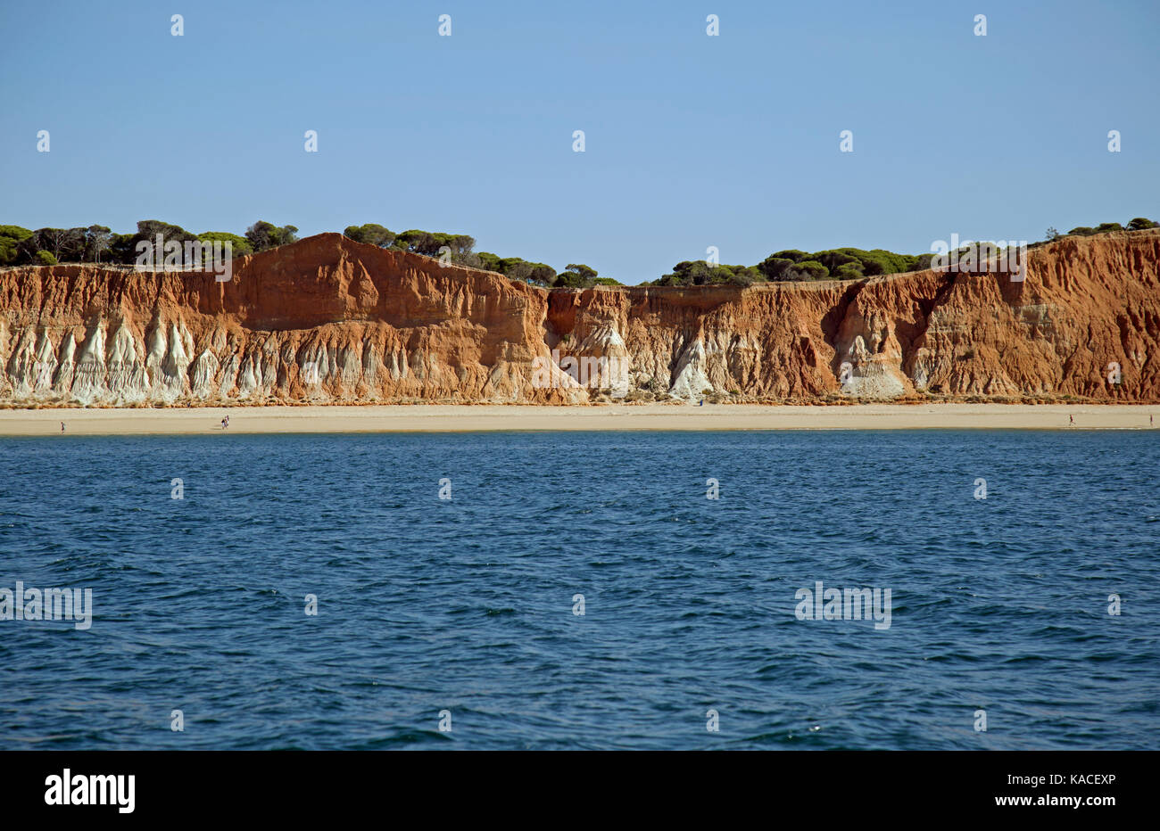 Les falaises rouges et les grottes sur la côte de l'Algarve, Portugal vu depuis un bateau. Banque D'Images