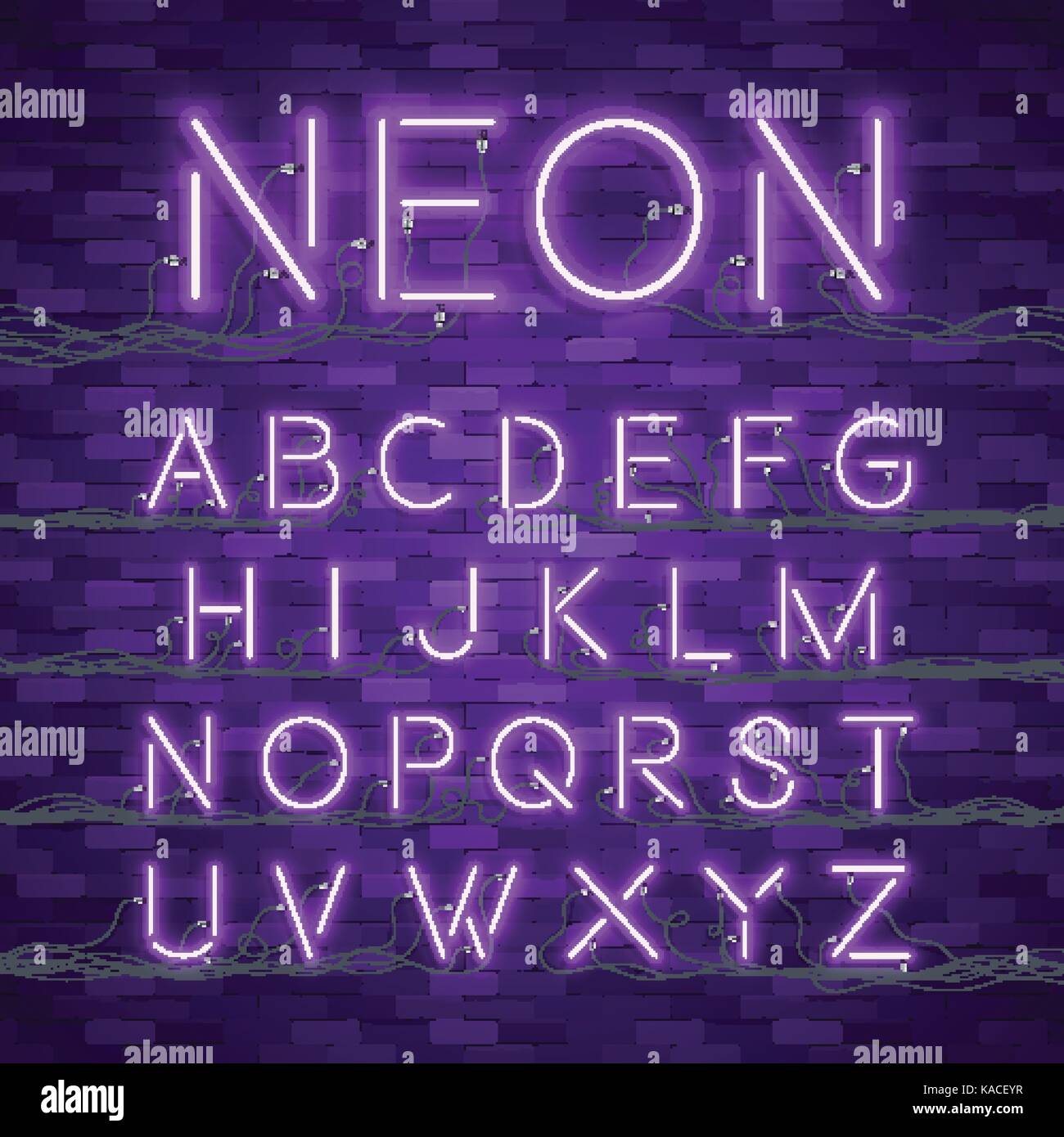 Néon réaliste. L'alphabet font rougeoyant. Illustration de Vecteur