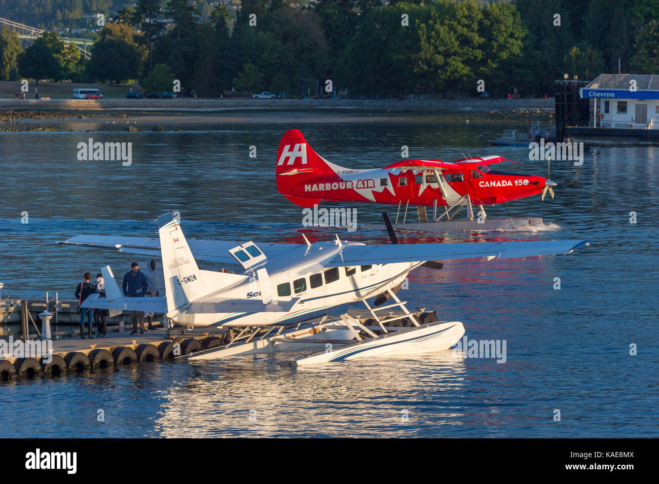 Vancouver, Colombie-Britannique, Canada - 14 septembre 2017 : les hydravions amarrés dans le port de Vancouver Centre vol hydroaérodrome Banque D'Images
