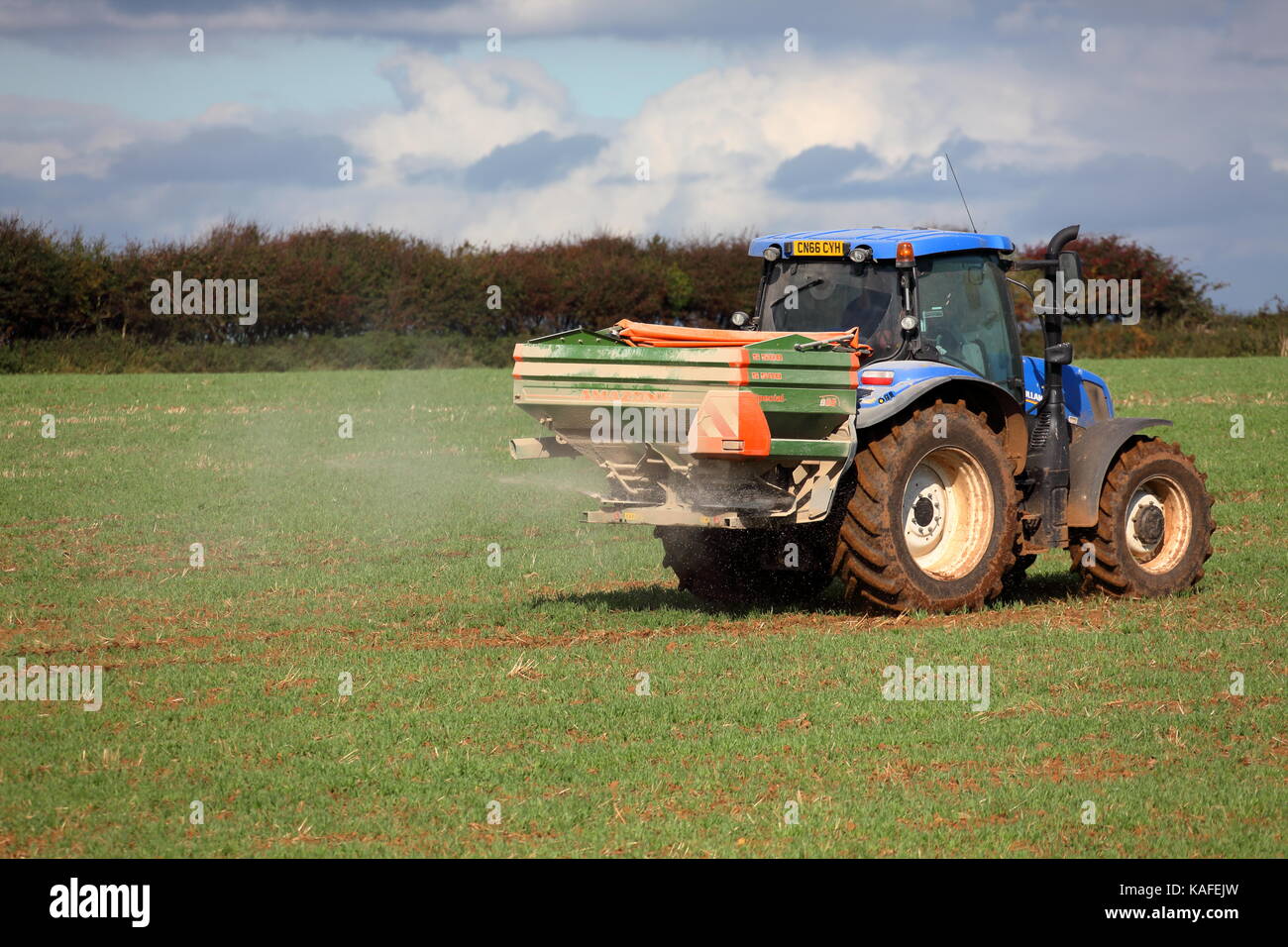 Un agriculteur de l'engrais l'épandage sur un champ labouré récemment avec un tracteur attelé la machine à l'aide des disques en rotation afin de distribuer les produits chimiques Banque D'Images