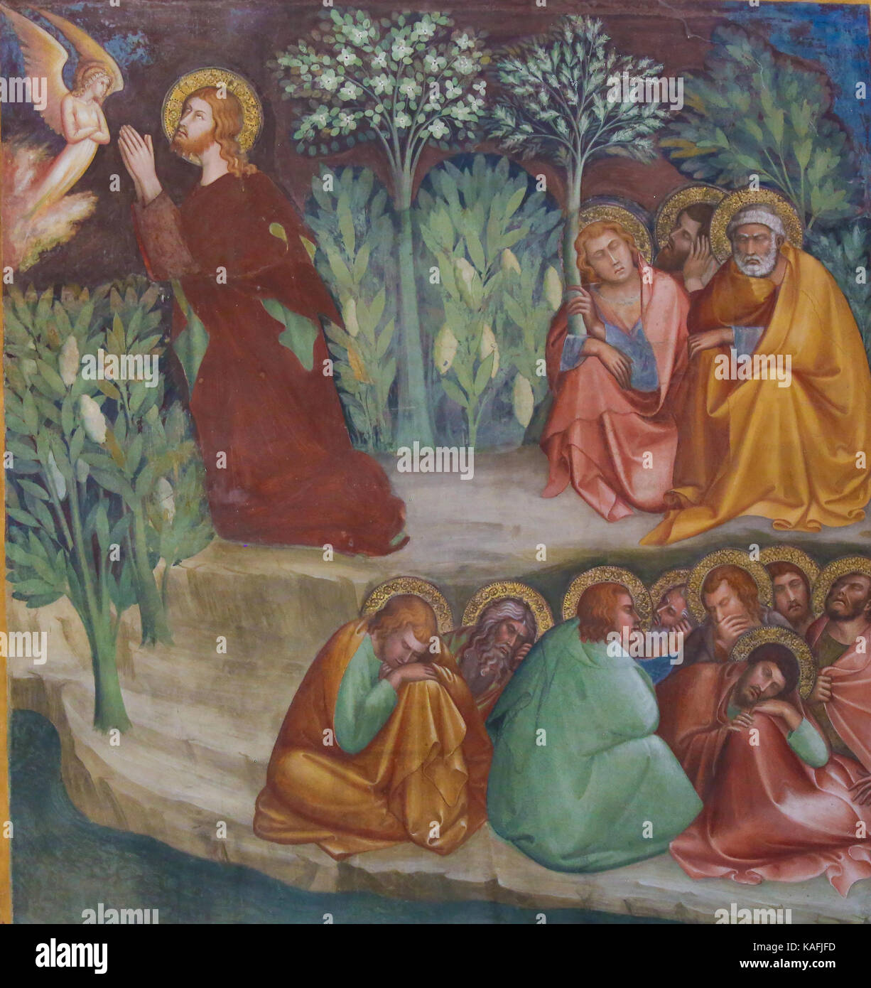 Renaissance fresque représentant Jésus priant dans le jardin de Gethsémané sur le mont des oliviers le jeudi saint, dans l'église collégiale de san gimignano, Banque D'Images