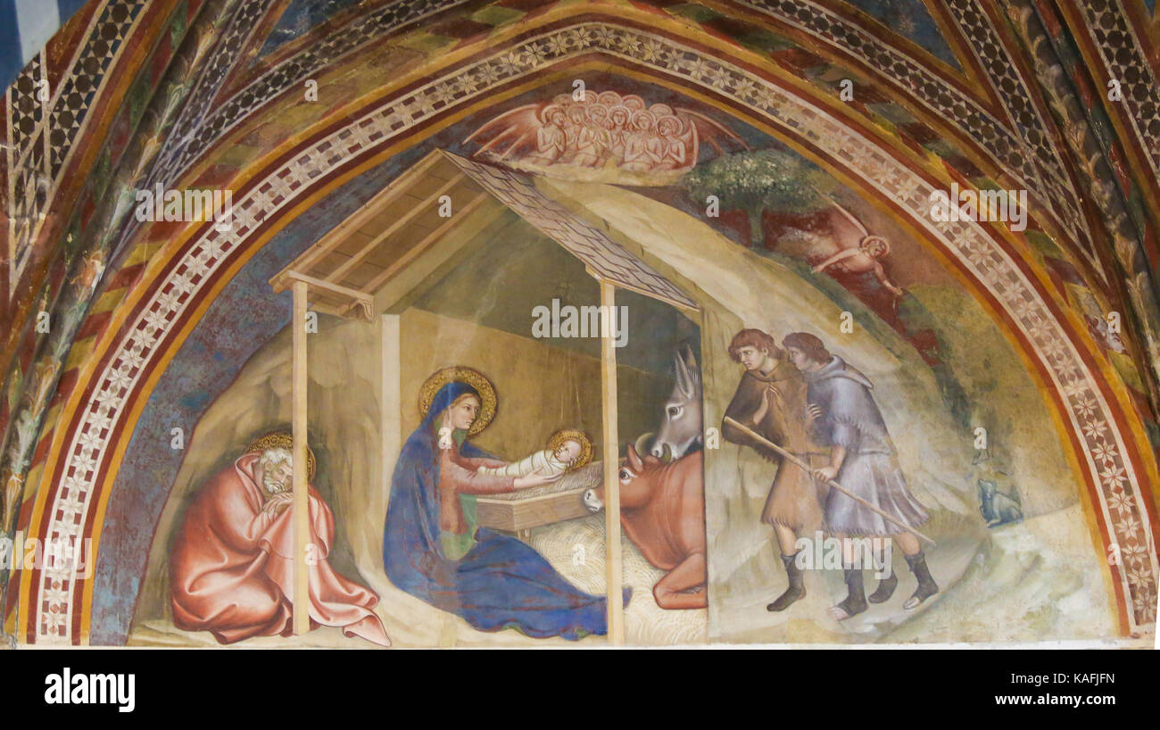 Fresque représentant la renaissance une scène de la Nativité à Noël, dans l'église collégiale de san gimignano, Italie. Banque D'Images
