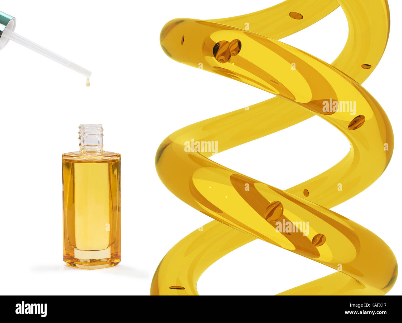 Bouteille d'huile cosmétique avec la pipette et spirale. Banque D'Images