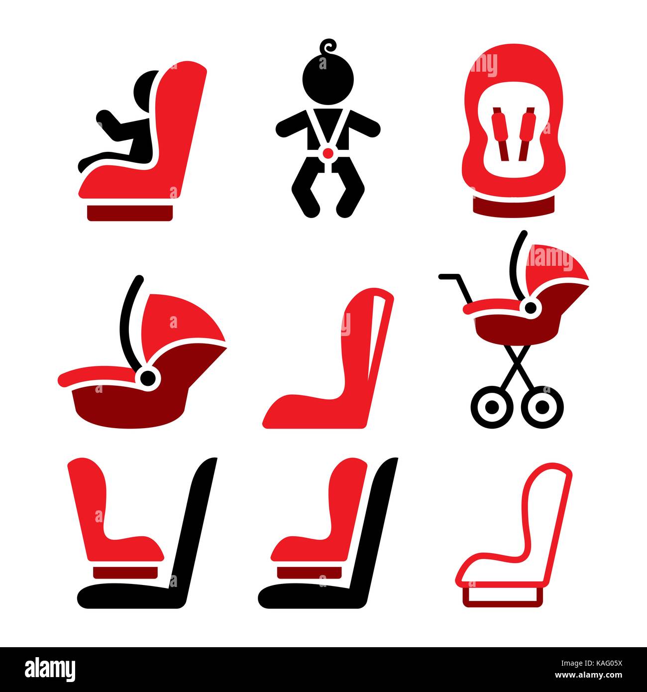 Siège de voiture de bébé vector icons, siège de voiture croisière - coffre enfant voyageant icons Illustration de Vecteur