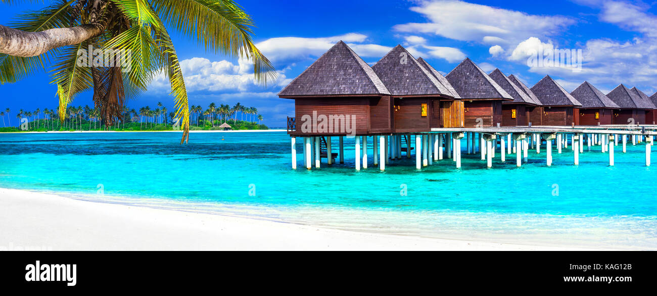 Paradise tropical vacances - détente exotiques îles Maldives. Voir avec bungalow sur l'eau Banque D'Images