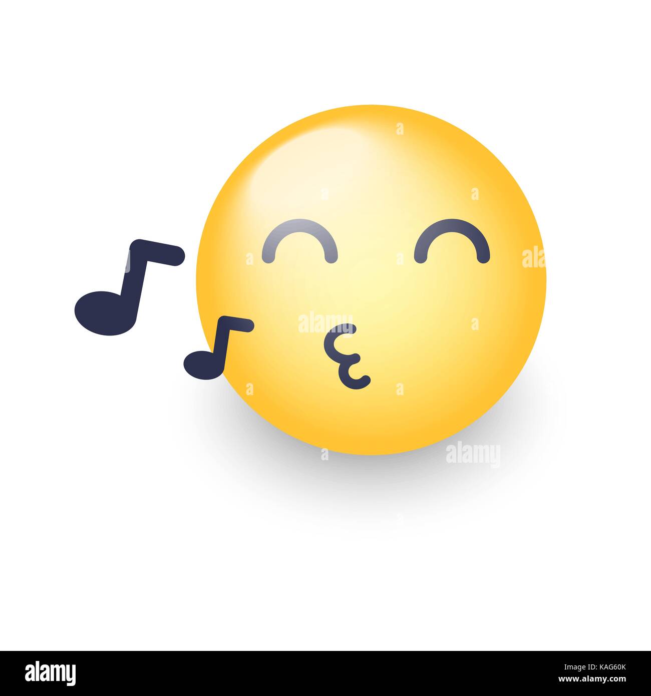Smiley. chanter une chanson de sifflets emoji. cartoon vector émoticône avec notes. Heureux personnage vector jaune avec les yeux fermés. Illustration de Vecteur