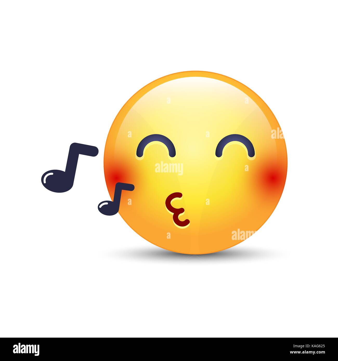Smiley. chanter une chanson de sifflets emoji. cartoon vector émoticône avec notes. Heureux personnage vector jaune avec les yeux fermés. Illustration de Vecteur