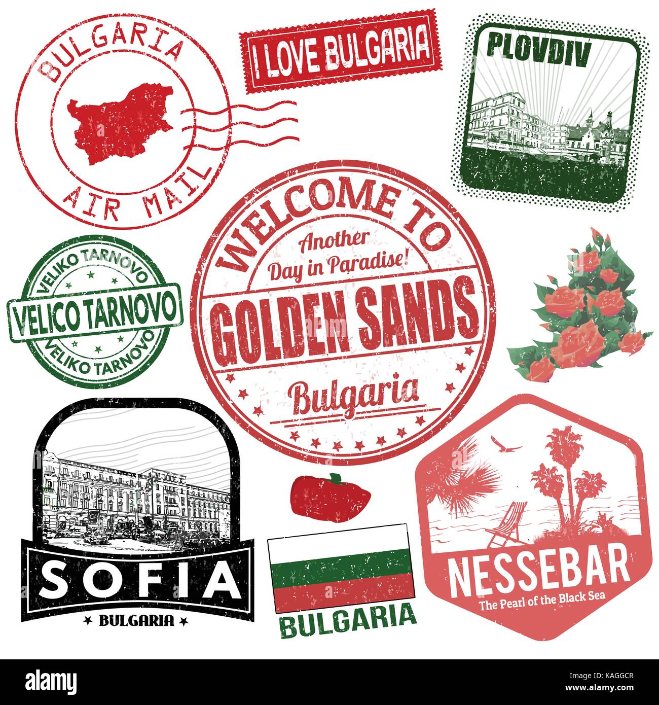 Ensemble de timbres grunge voyage avec la Bulgarie sur fond blanc, vector illustration Illustration de Vecteur