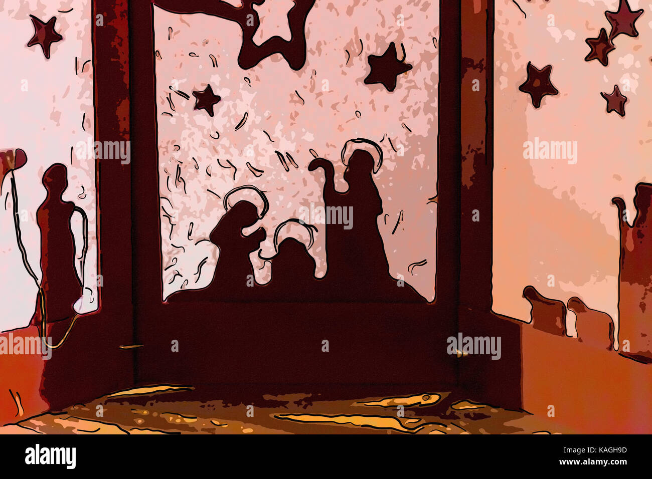 Silhouette d'une crèche de Noël, la Sainte Vierge Marie et saint Joseph 