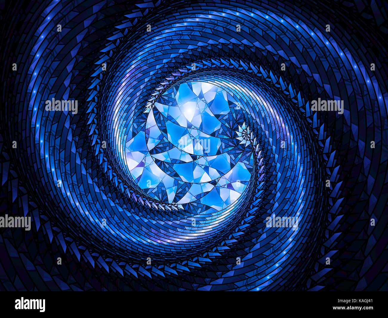 Vitraux lumineux bleu fractale spirale, générée par ordinateur résumé fond, 3D Rendering Banque D'Images