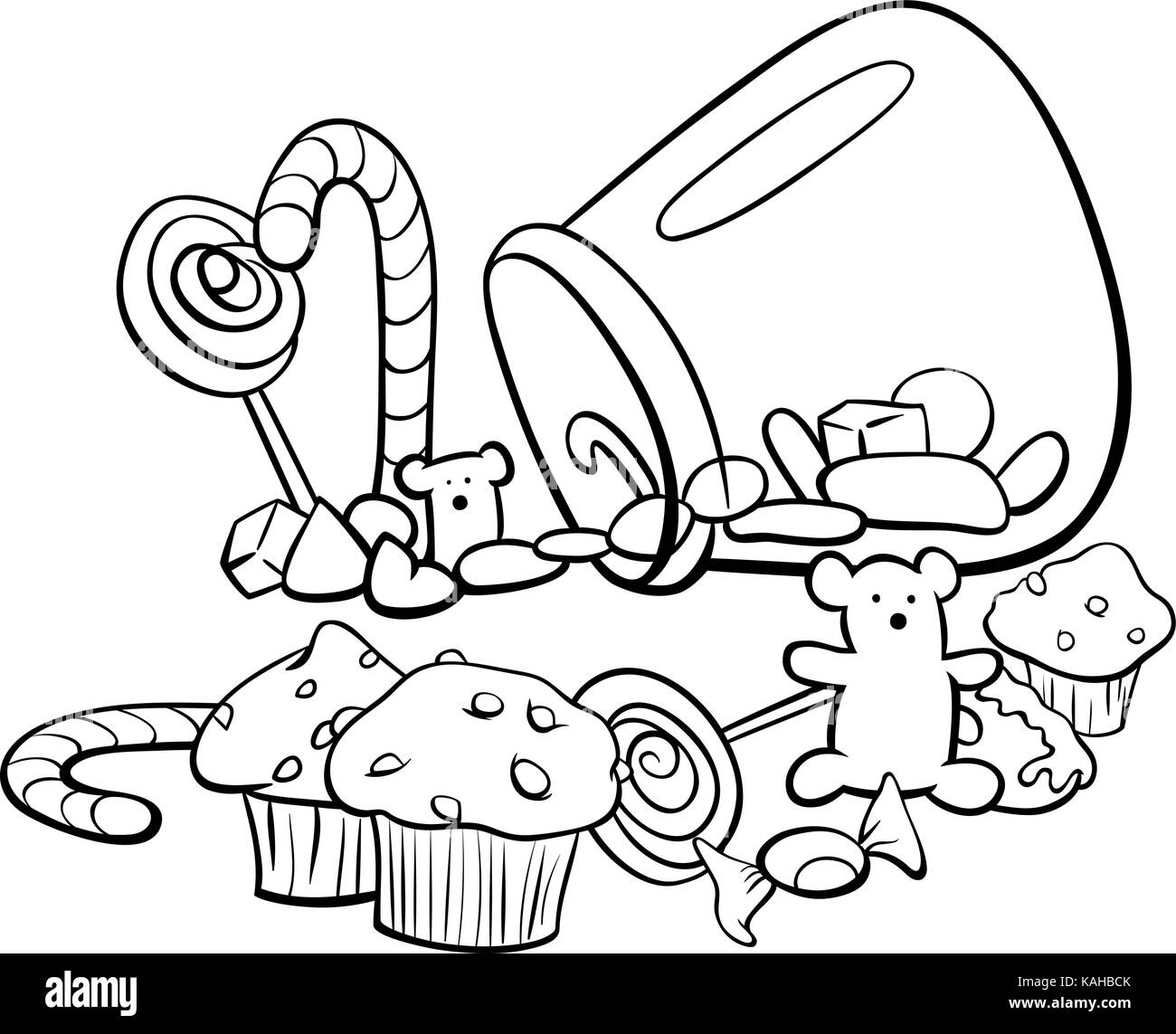 Illustration cartoon noir et blanc d''aliments sucrés comme les bonbons ou gâteaux Coloring Book Illustration de Vecteur