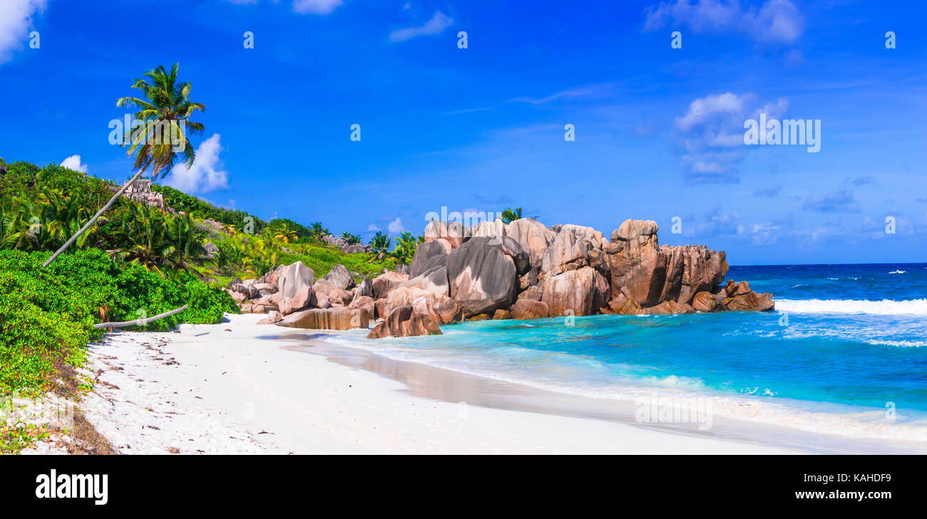 La magnifique anse cococs,la digue, Seychelles. Banque D'Images