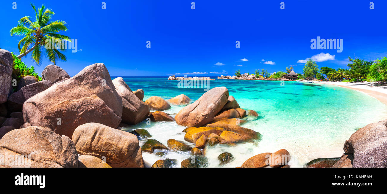 Belle plage de l'île de Praslin Seychelles,.. Banque D'Images