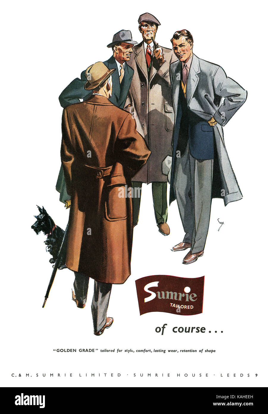 La publicité pour Sumrie 1954 men's couture. Banque D'Images