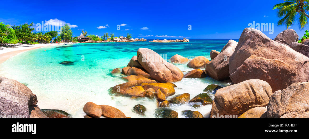 Belle plage de l'île de Praslin Seychelles,. Banque D'Images