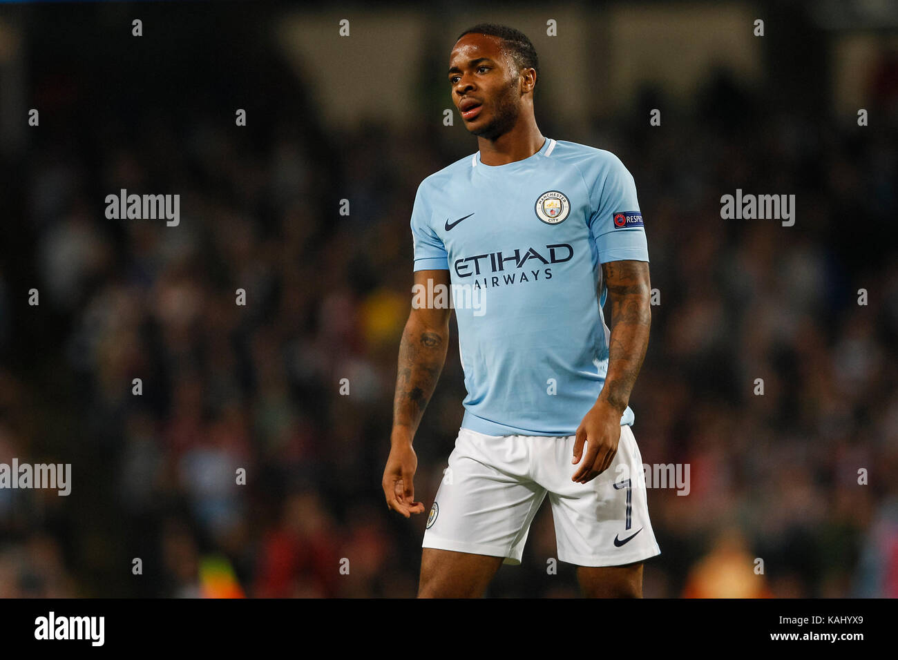 Manchester, UK. 26 Sep, 2017. Raheem Sterling de Manchester City lors de l'UEFA Champions League Groupe F match entre Manchester City et le Shakhtar Donetsk à l'Etihad Stadium le 26 septembre 2017 à Manchester, en Angleterre. (Photo de Daniel Chesterton/phcimages.com) : PHC Crédit Images/Alamy Live News Banque D'Images