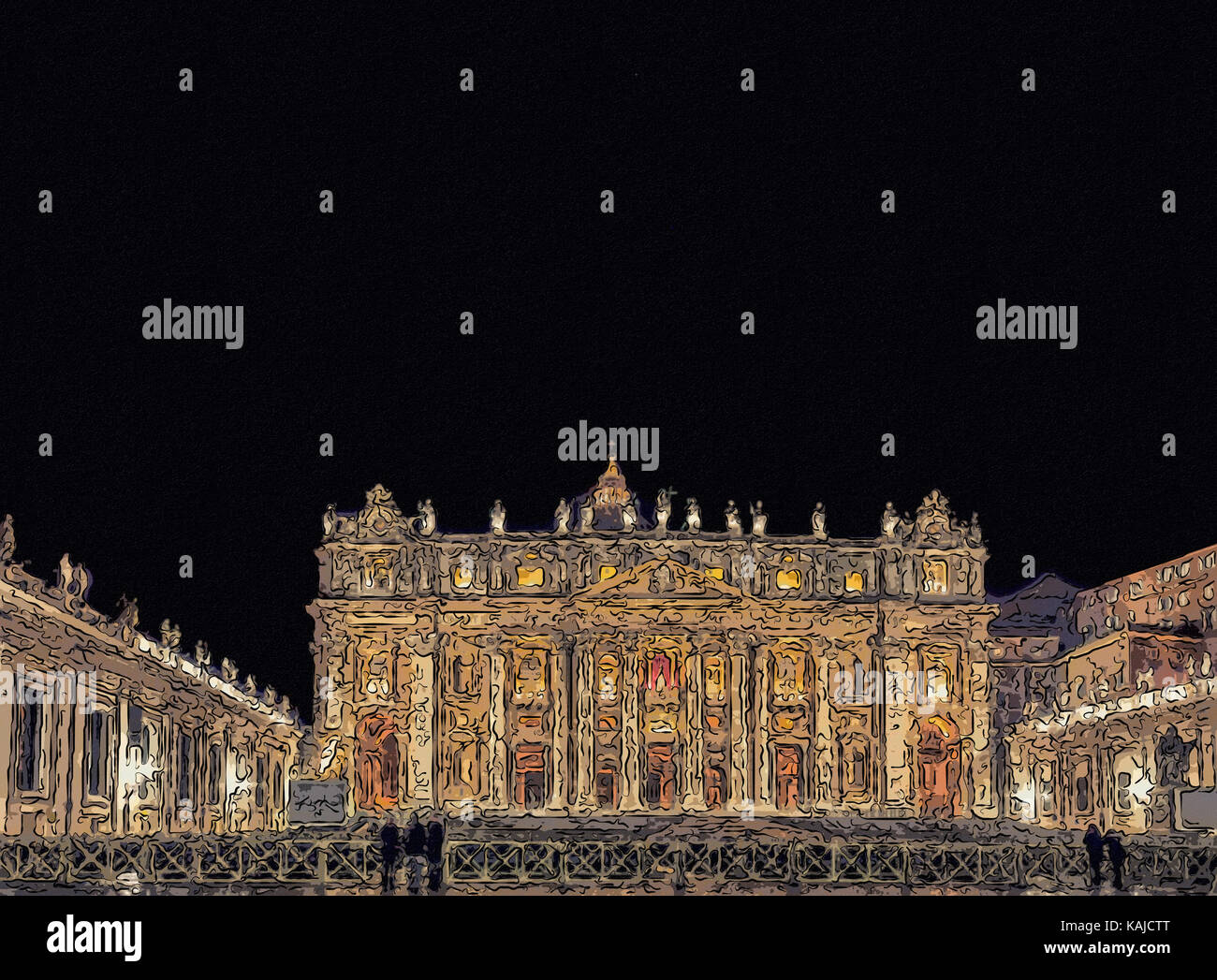 Vue de nuit sur la façade de l'église dans la Cité du Vatican avec portes saintes, colonnes et statue Banque D'Images