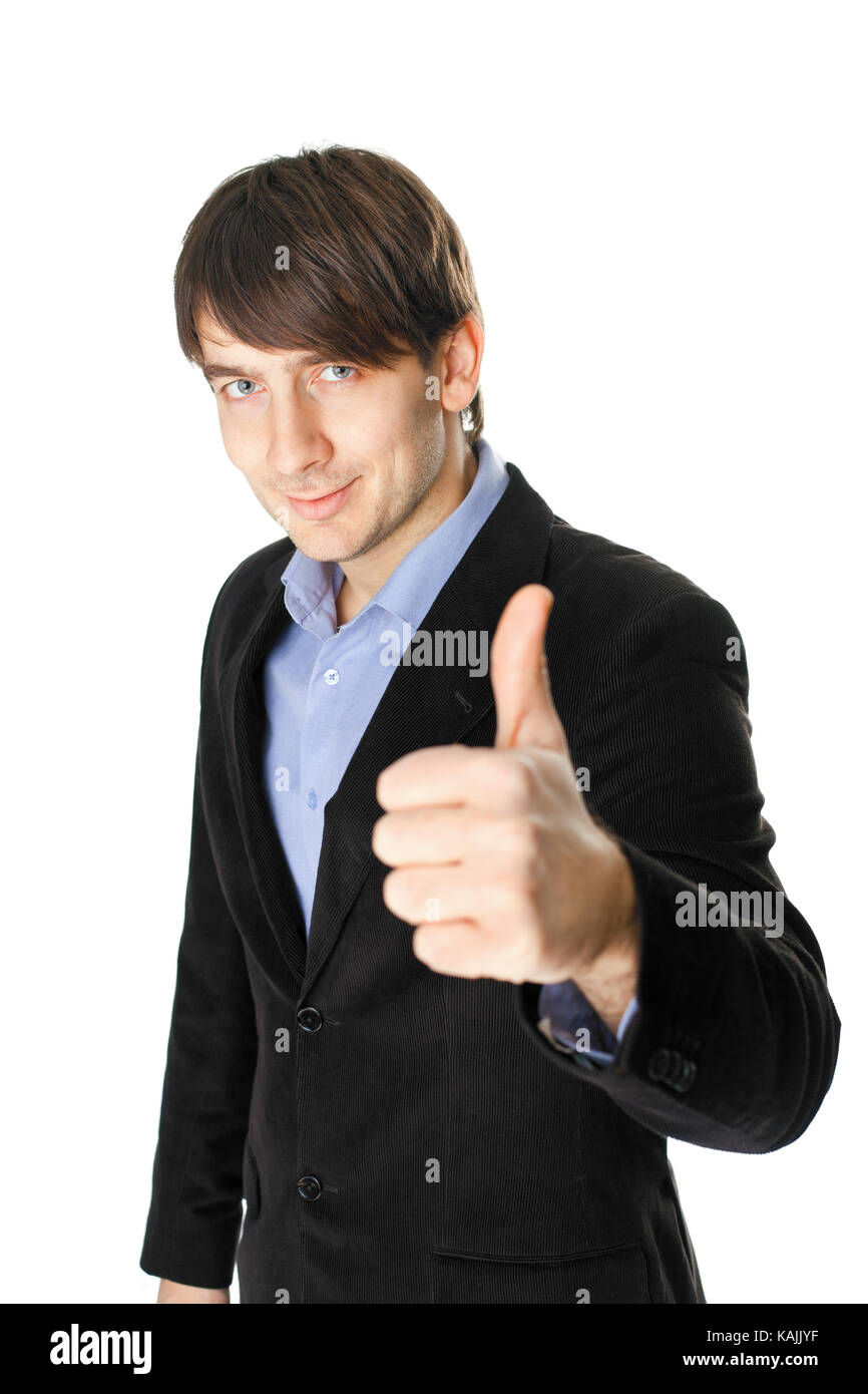 Portrait of young business man with thumb up isolé sur fond blanc Banque D'Images